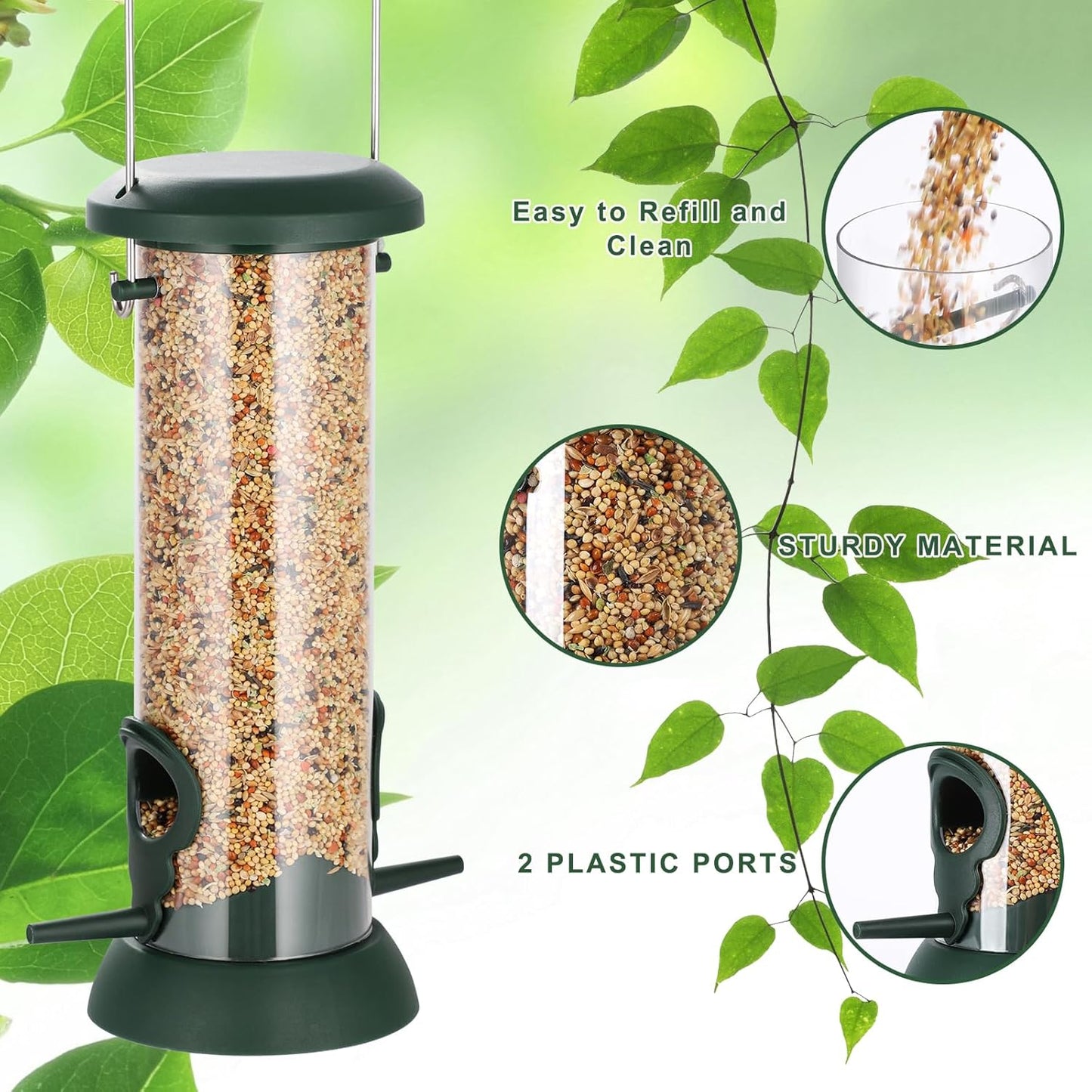 FEED GARDEN 2 Pack Tube Bird Feeders for Outdoors Hanging, Premium Hard Plastic Wild Bird Feeders with 2 Ports, Small Bird Feeder Easy-Refill&Clean, Gifts for Mom Woman, 8.5 Inch Green