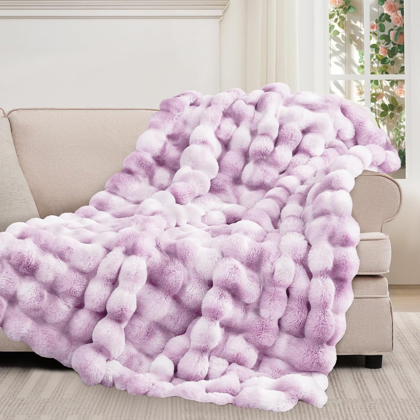 Touchat Luxury 1000GSM Faux Rabbit Fur Throw Blanket for Women, Super Heavy Warm Cozy Blankets for Couch Bed Sofa, Bubble Plush Fuzzy Soft Mink Blanket for Living Room Bedroom, Purple