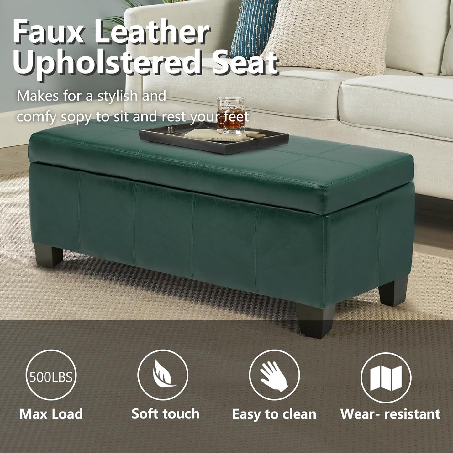 Green Faux Leather Ottoman with Storage, Rectangular Extra Long Storage Bench for Bedroom and Living Room