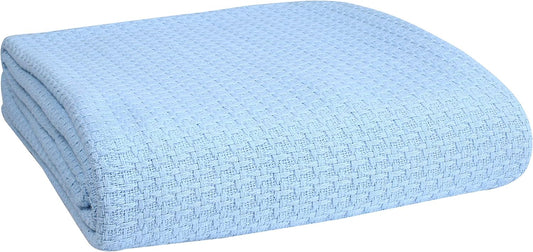 Elvana Home 100% Cotton Bed Blanket, Breathable Bed Blanket Full - Queen Size, Cotton Thermal Blankets Full - Queen, Perfect for Layering Any Bed for All Season, Light Blue