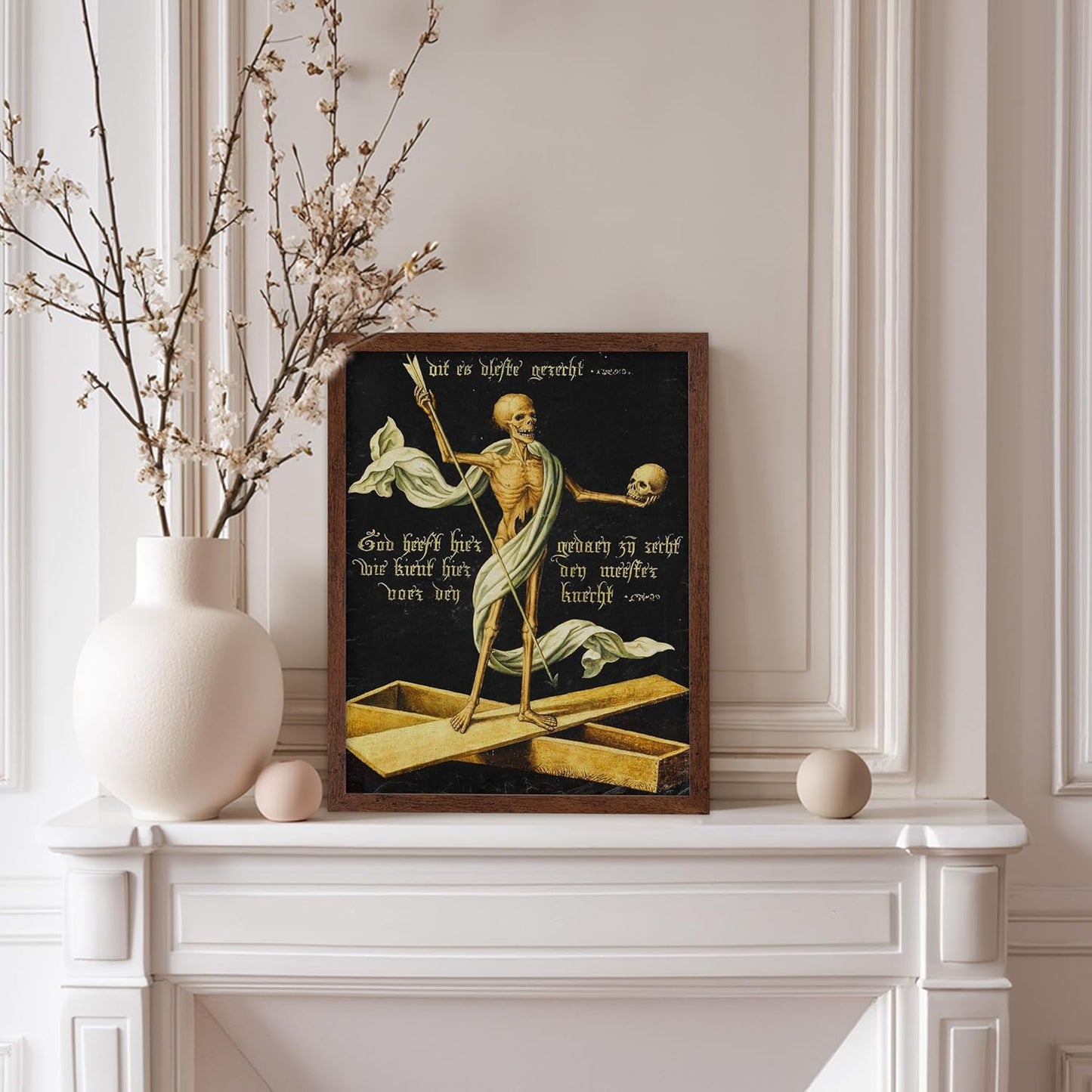 Poster Master Vintage Medieval Poster - Retro Gothic Print - Gift for Artist, Friend - Allegory of Life and Death, Skeleton, Dark, Skull - Wall Decor for Home, Living Room, 8x10 Brown Framed