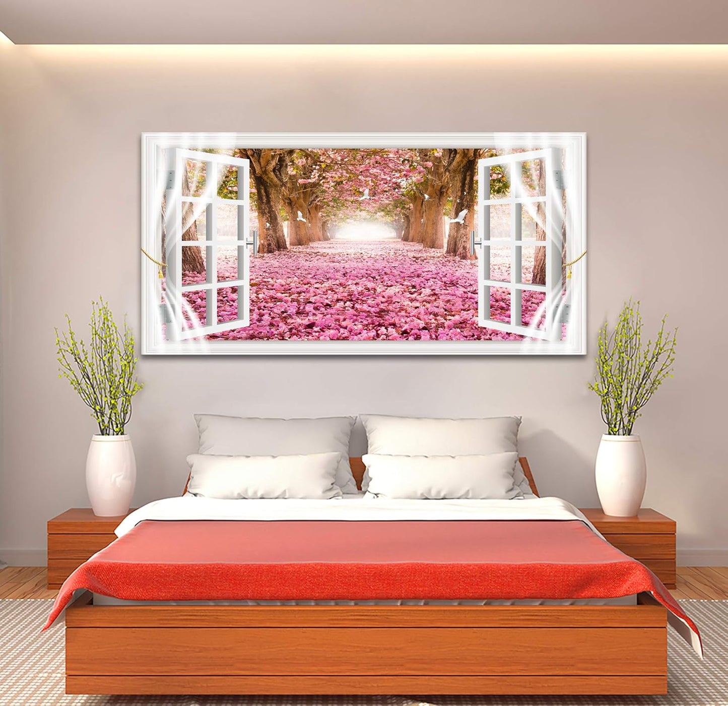 AH40174 Wall Art CanvasTrees and Pink Rose Paintings Printed Pictures Stretched and Framed Ready to Hang for Home Decorations Office Wall Decor Artwork 28x56inch