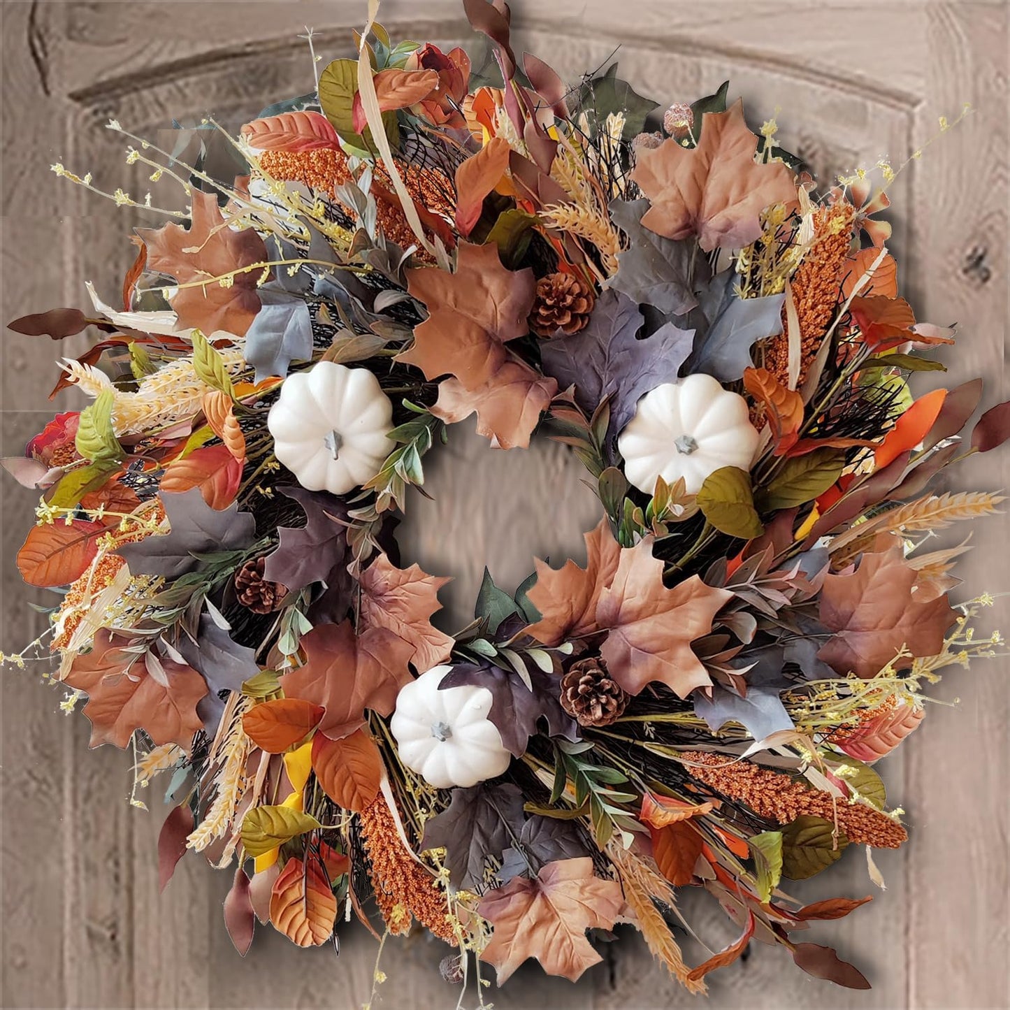 WANNA-CUL 24 Inch Fall Wreath for Front Door with White Pumpkins,Grains, Maple Leaves-Fall Decoration for Home-Large Fall Decor Door Wreath for Autumn,Harvest or Halloween