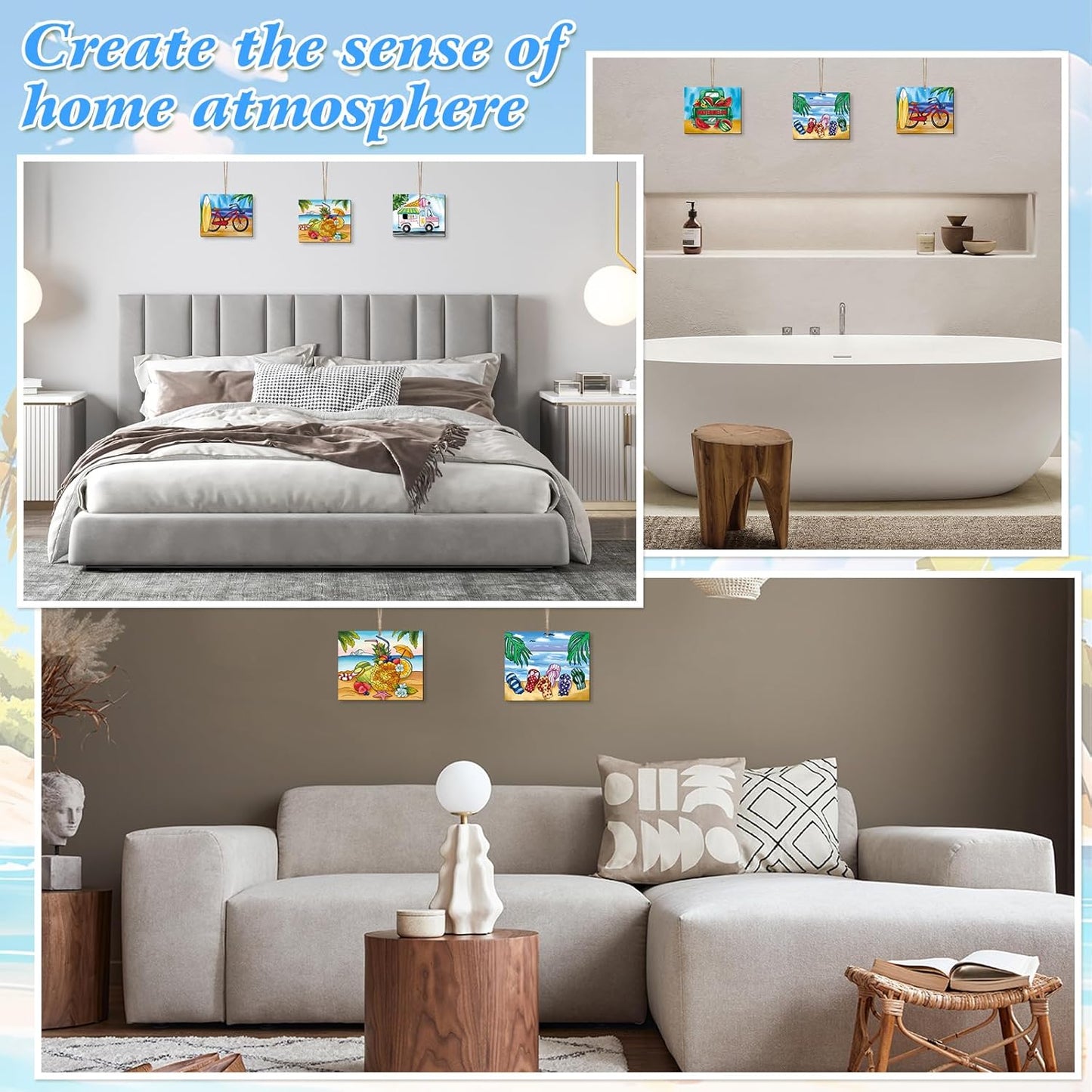 COCHIE 10 Pieces Large Summer Unfinished Wood Crafts to Paint for Kids Adults, Bulk Predrilled Wooden Ornaments for Painting, Beach Pattern Paintable Wood Slices Craft Supplies with Ropes