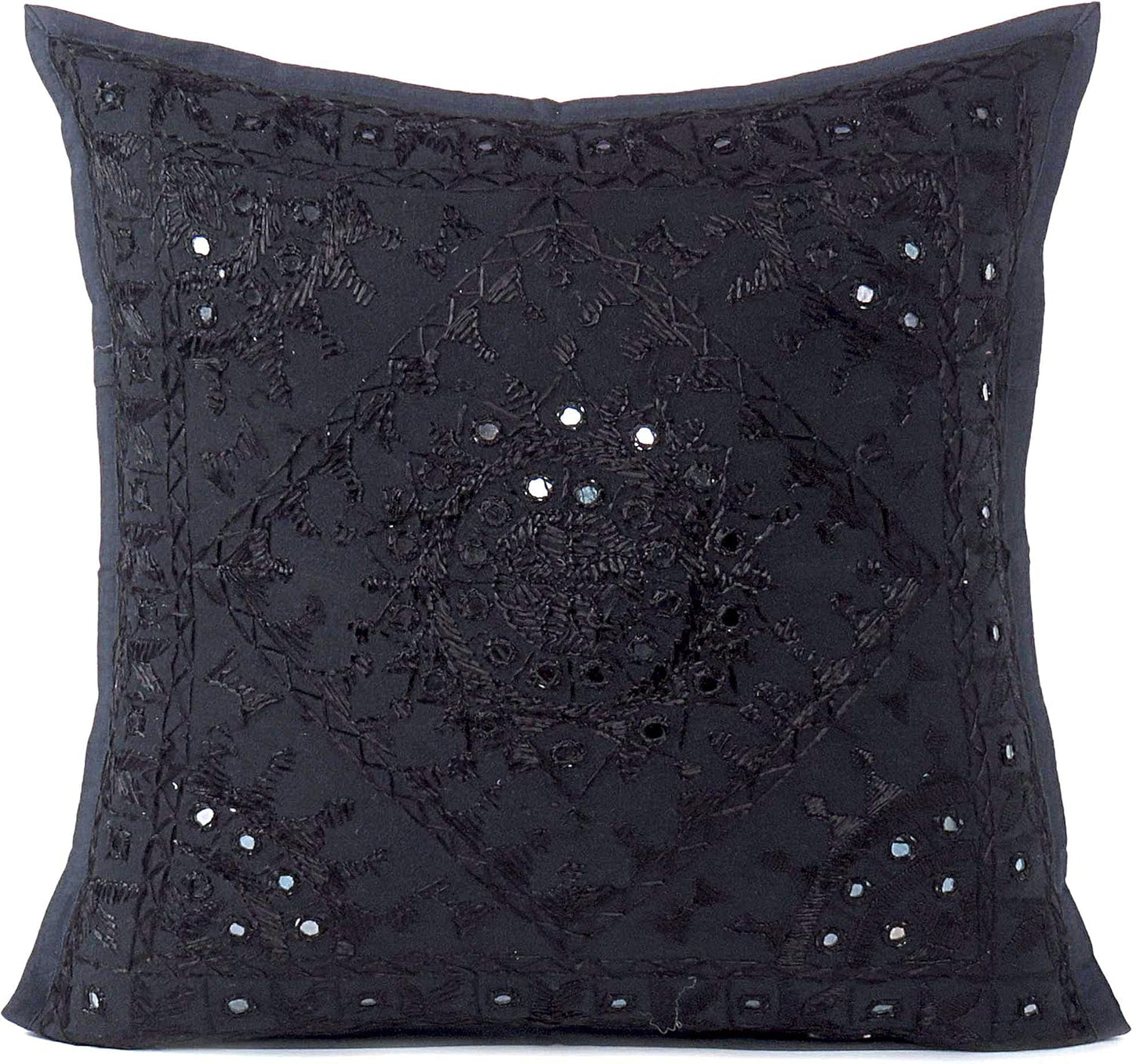 Eyes of India Embroidered Decorative Boho Throw Pillow Cover with Mirrors, Handmade Bohemian Accent Cushion Case for Sofa Couch Bedroom Living Room (Black, 16" x 16")