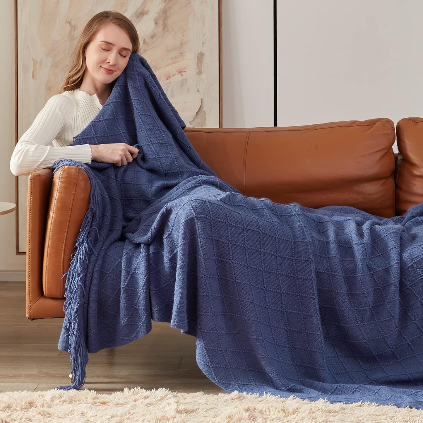 inhand Navy Blue Throw Blanket for Couch and Bed, Soft Living Room Home Decor Knitted Blanket with Tassel, Outdoor Lightweight Breathable Summer Blanket, Farmhouse Warm Woven Decorative, 50"x60"