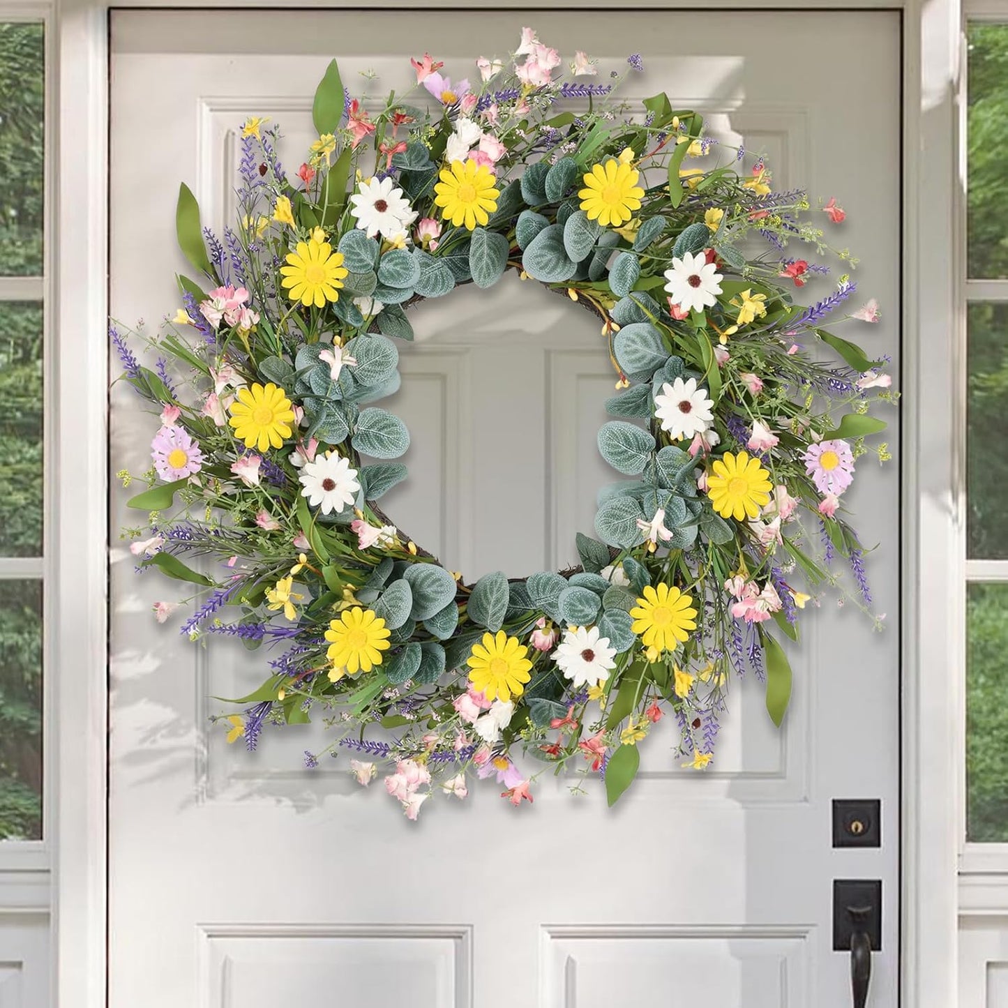 Artgar Spring Wreaths for Front Door, 24 Inch Daisy Wreath, Artificial Spring Summer Wreath with Eucalyptus Leaves Paper Flowers for Indoor Outdoor Home Door Window Wall Wedding Decor
