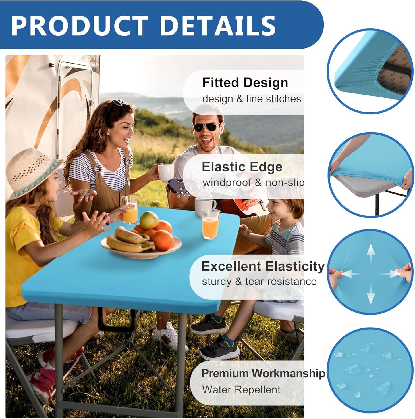 Fitted Tablecloth for 8 Foot Rectangle Table-4 Pack Light Blue Elastic Outdoor Picnic Table Cover-Spandex Stretch Folding Tablecloths 8ft for Camping Dining Room Patio Kitchen Banquet Party