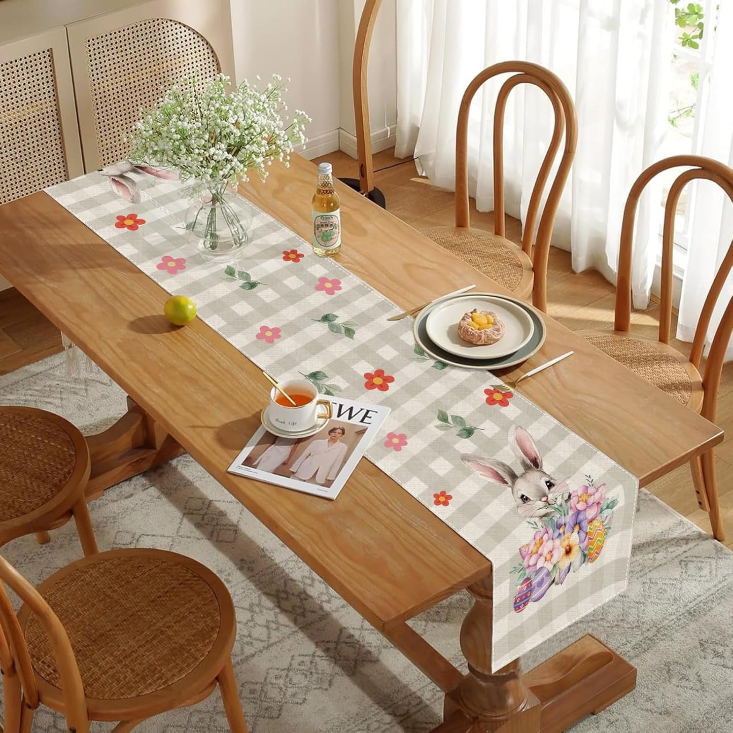 Easter Table Runner 13x72 Inch Bunny Rabbit Flowers Leaves Buffalo Plaid Eggs Seasonal Holiday Kitchen Dining Table Decoration for Indoor Kitchen Dining Home Party Decor