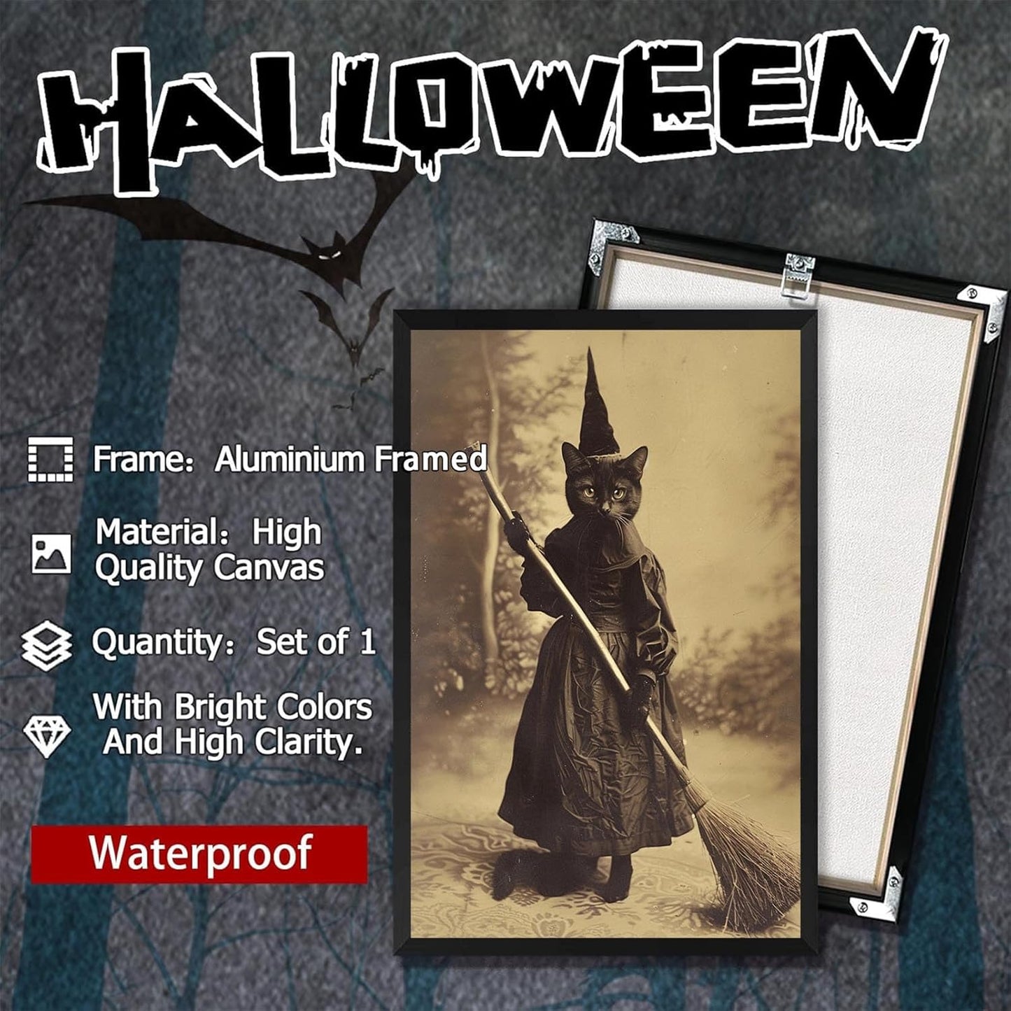Halloween Decor Posters Black Cat Witch Canvas Wall Art Vintage Spooky Print Of Gothic Room Family Dark Academia Decorations Creepy Picture Poster Aesthetic 12X16inch Aluminum Framed