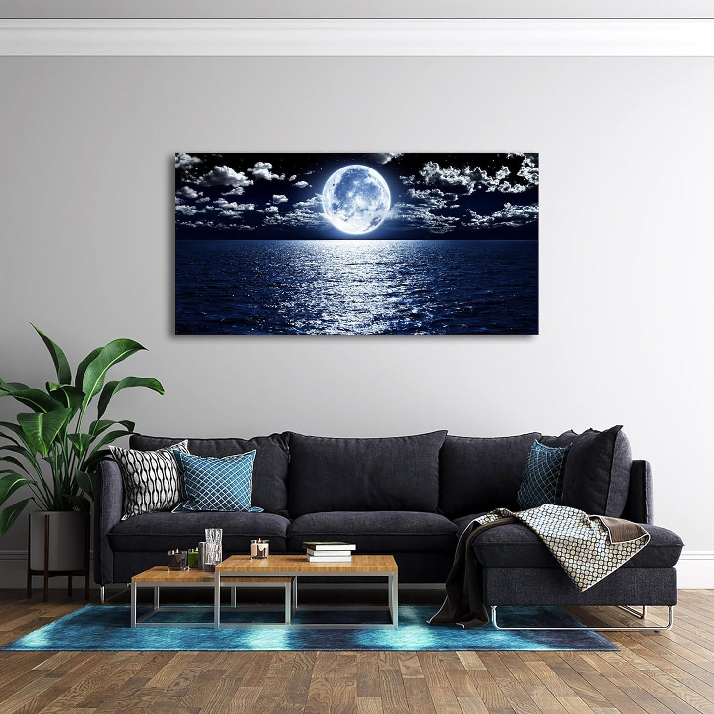 Cao Gen Decor Art S06975 Wall Art Canvas Prints Moon Sea Ocean Landscape 1 Panels Full Moon in Cloud Pictures Paintings Stretched and Framed for Living Room Bedroom Kicthen Office Artwork 30x60inch