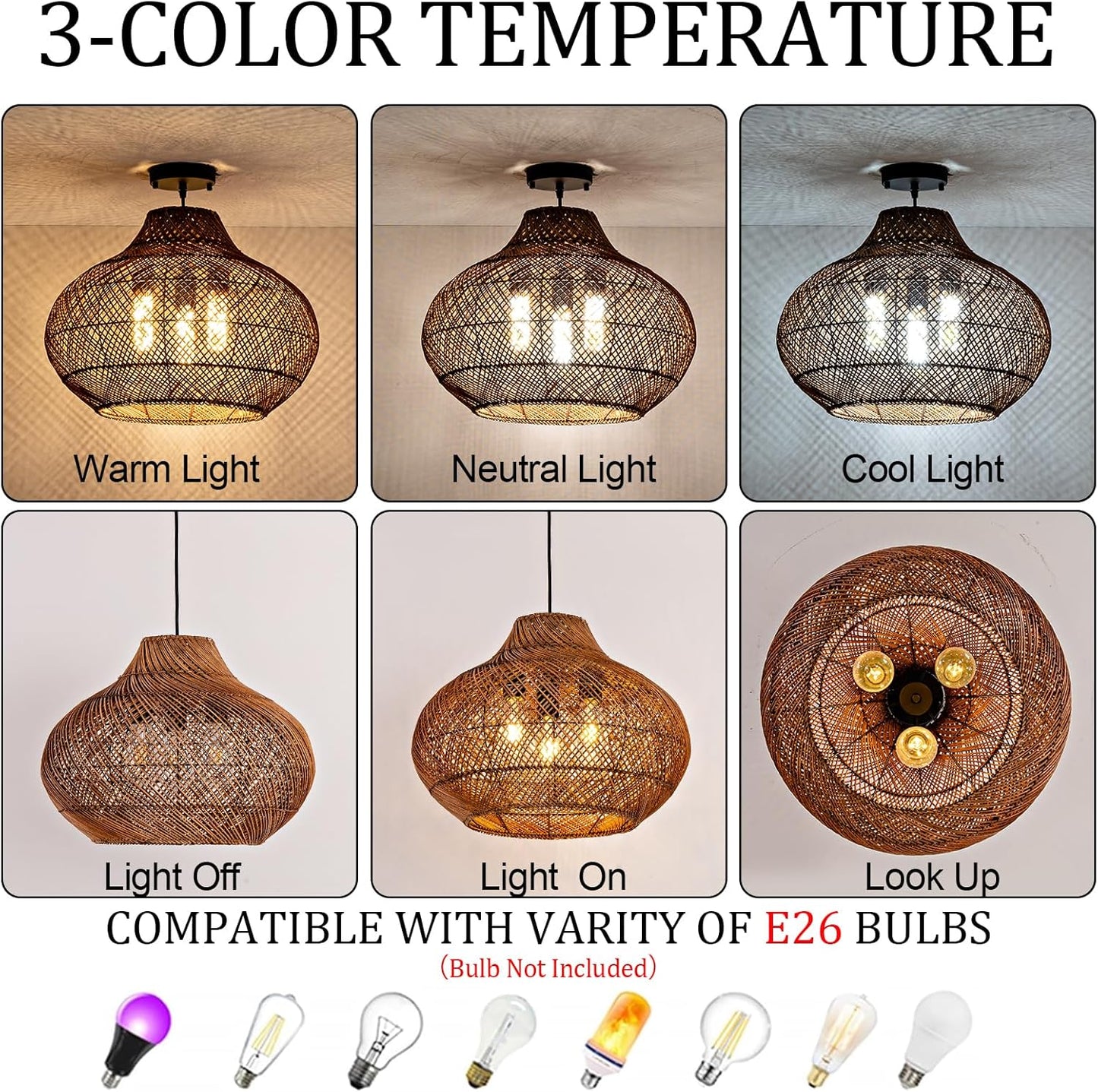 3-Light Dark Brown Rattan Pendant Light,18.9" Rustic Hanging Light,Round Curry Wicker Pendant Light Hand-Woven Rattan Chandelier for Workplace Dining Living Bedroom Kitchen Farmhouse