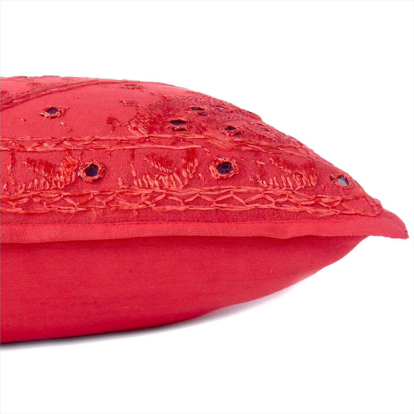 Eyes of India Embroidered Decorative Boho Throw Pillow Cover with Mirrors, Handmade Bohemian Accent Cushion Case for Sofa Couch Bedroom Living Room (Red, 24" x 24")