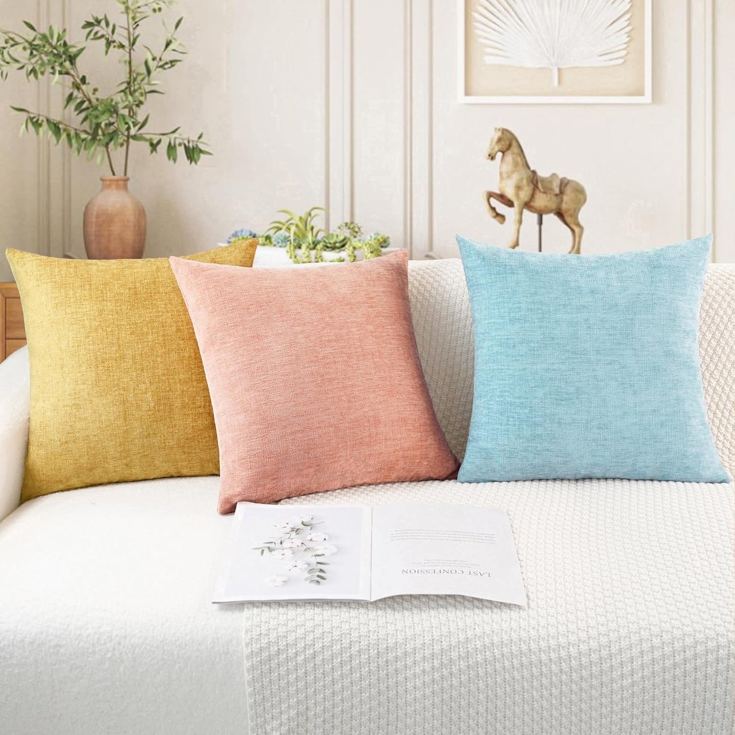 CaliTime Throw Pillow Covers Decorative 18 X 18 Inches Pack of 4 Cozy Chenille Cushion Cases for Couch Sofa Bed Living Room Home Light Blue Grey