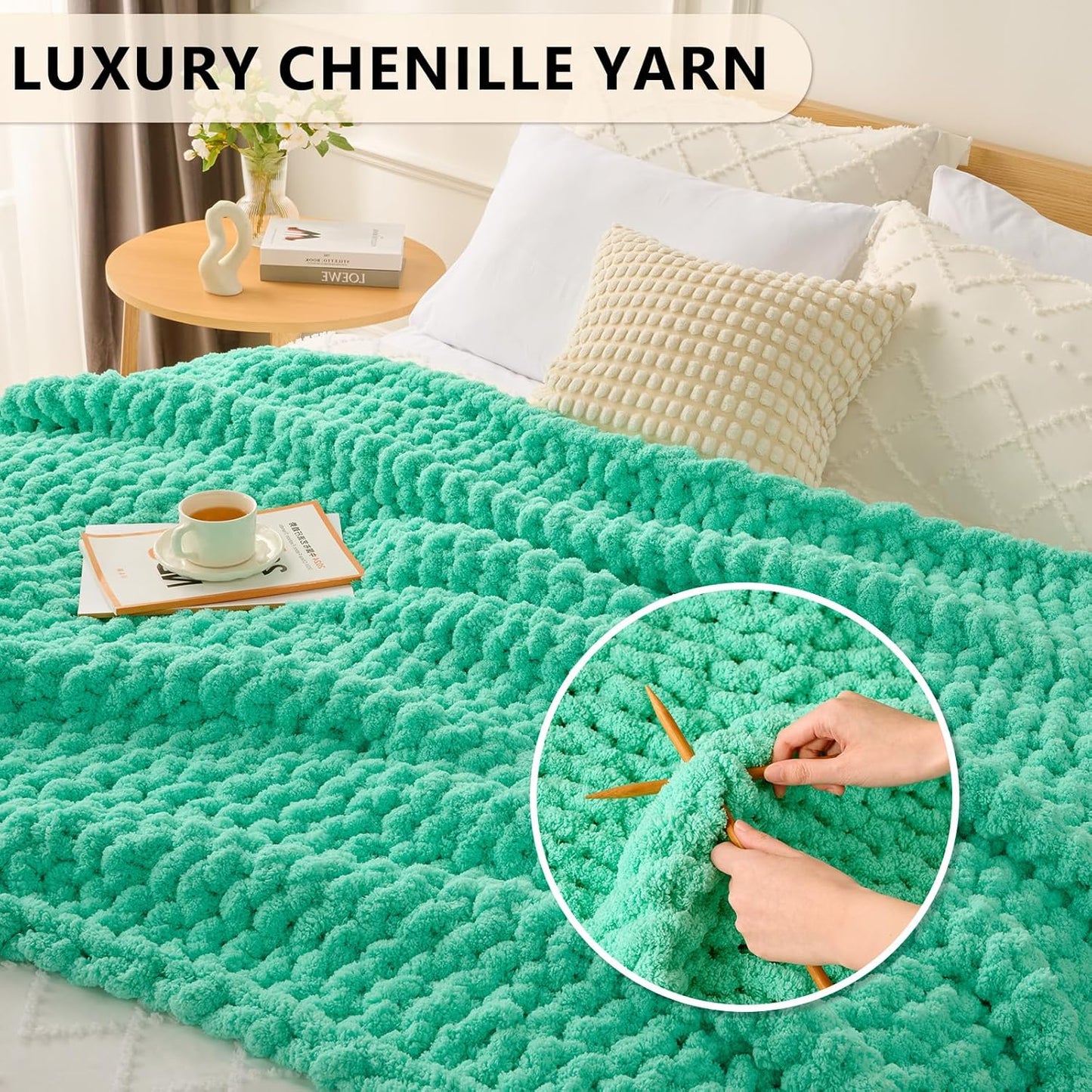 L'AGRATY Chunky Knit Blanket Throw: 60''x80'' Chenille Chunky Knitted Throw Blanket for Bed Couch - Handmade Thick Big Cable Knit Blanket - Large Crochet Rope Blanket for Home Decor(Aqua)