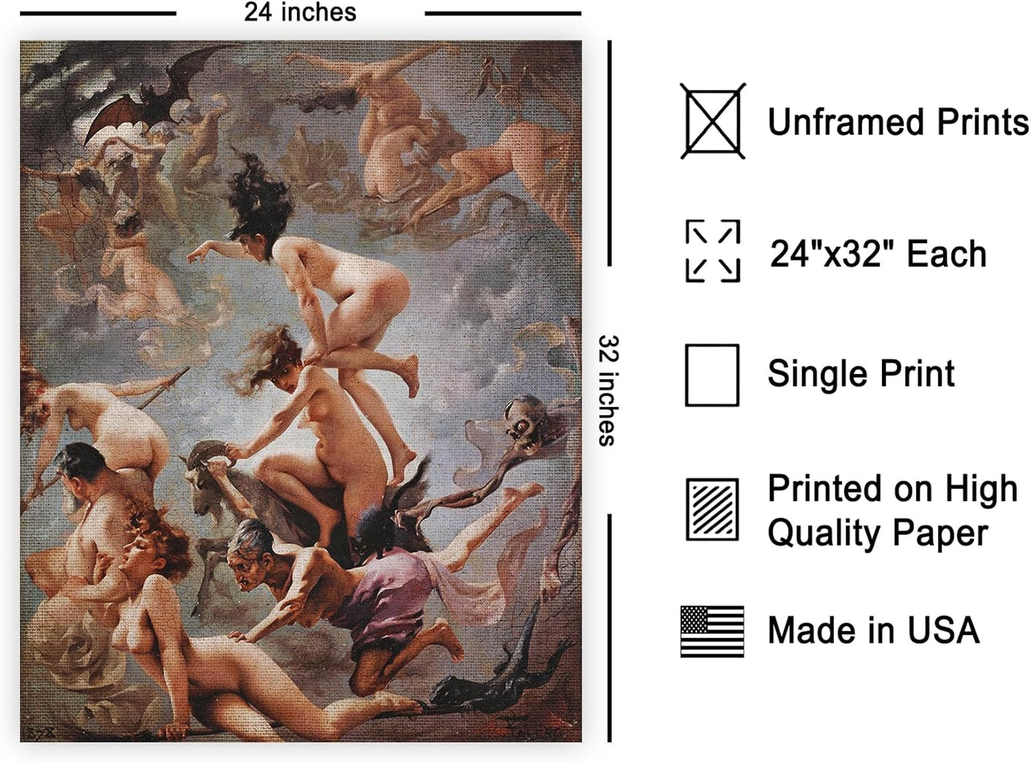 Poster Master Vintage Luis Ricardo Falero Poster - Retro Occult Print - Gift for Gothic, Horror Fan - Witches Going to their Sabbath, Pagan - Wall Decor for Bedroom, Dorm, 24x32 Unframed Wall Art