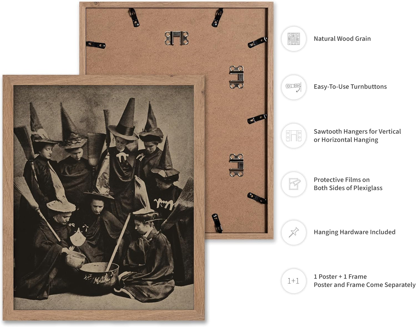 Poster Master Vintage Photograph Poster - Retro Halloween Print - Gift for Artist, Friend - Witches Cooking, Pointy Hats, Broomsticks, Black Magic - Wall Decor for Bedroom, 11x14 Beige Framed