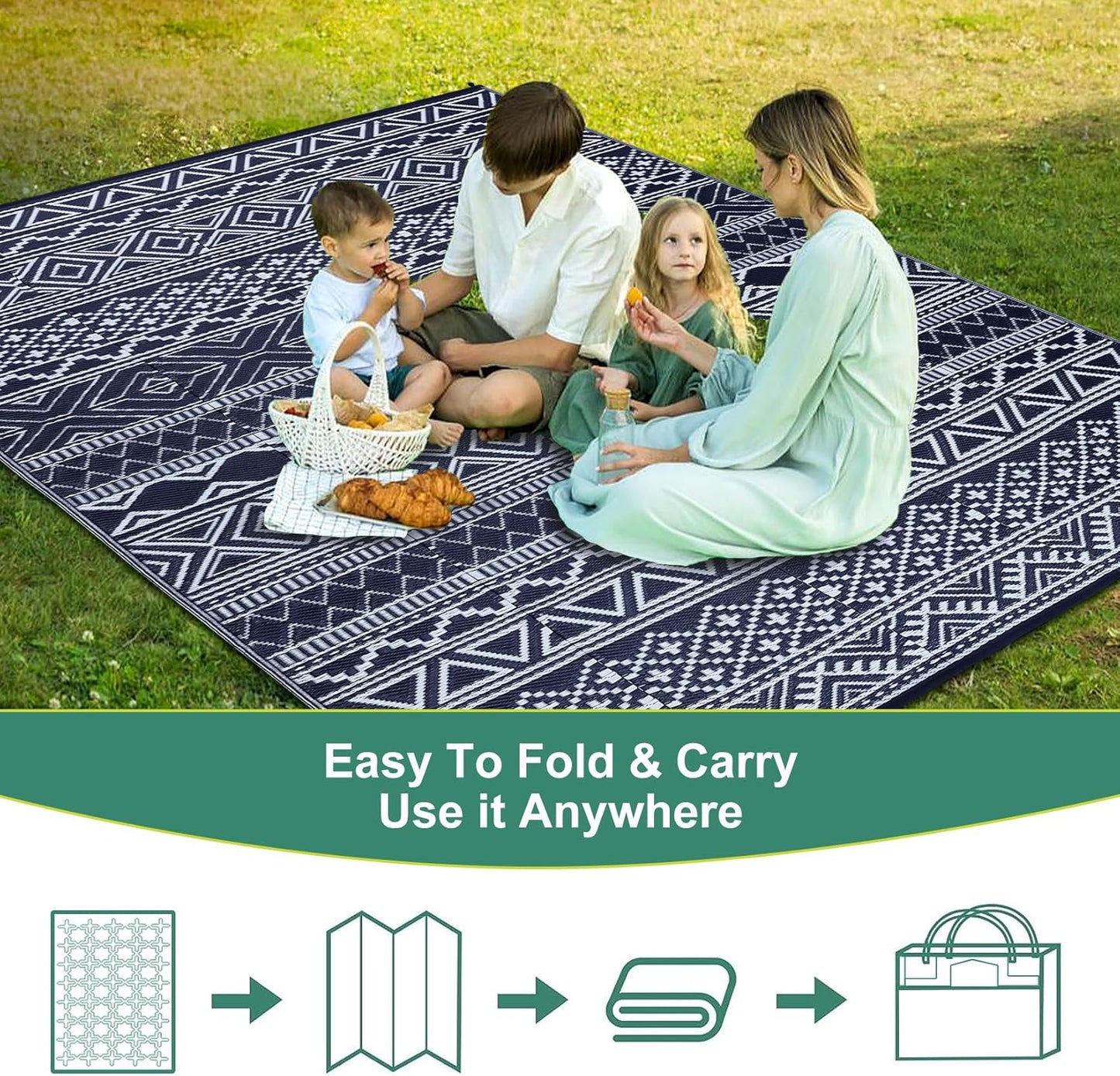 GAOMON Outdoor Rug Waterproof 8'x10', Reversible Outdoor Plastic Straw Rug, Boho Patio Rug, Indoor Outdoor Carpet, RV Mat Outside for Patio, Camp, Picnic, Balcony, Deck, Dark Blue/White(Bohemia)
