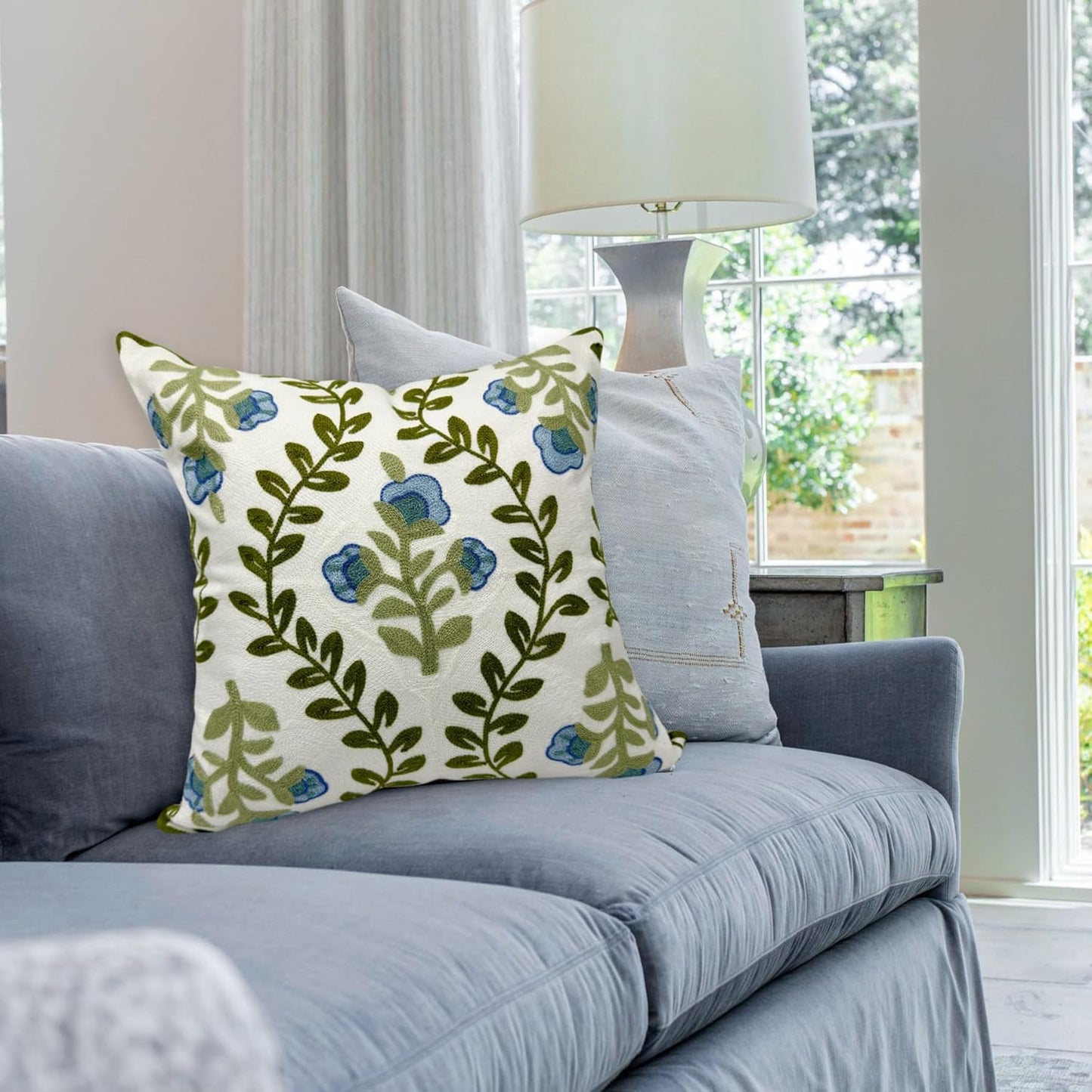 Alysheer Floral Embroidered Summer Decorative Throw Pillow Covers 20"x 20" Set of 2, Farmhouse Cottage Blue Flowers Green Leaves Knit Pattern Cotton Canvas Cushion Case for Couch Bed Living Room