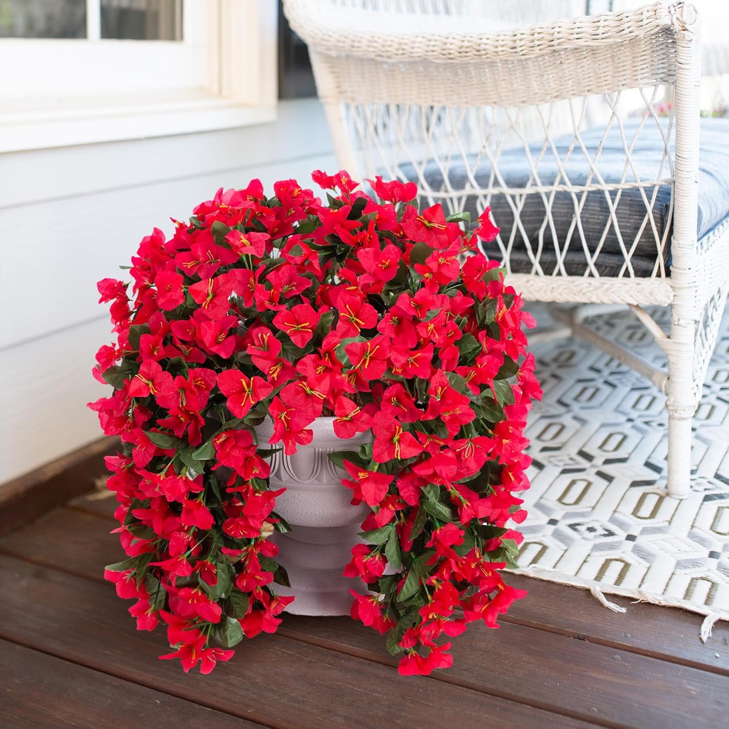 Faux Bougainvillea Artificial Flowers Plants for Outdoor Outside Decoration, 2 PCS Red Fake Flowers UV Resistant Look Real Silk Long Trailing Vines for Front Door Porch Planter Urn Patio Garden Yard
