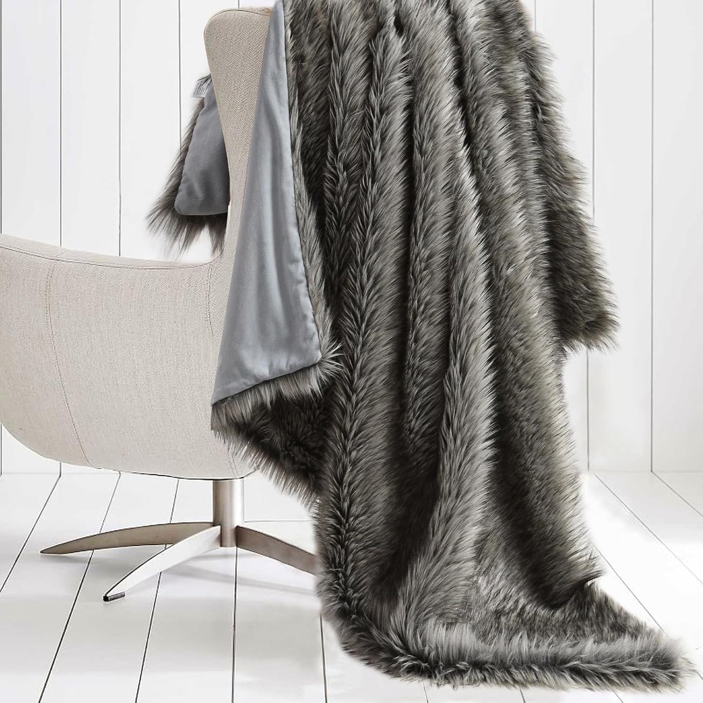 HORIMOTE HOME Luxury Plush Faux Fur Throw Blanket, Long Pile Grey with Black Tipped Blanket, Super Warm, Fuzzy, Elegant, Fluffy Decoration Blanket for Couch, Armchair, Sofa and Bed, 60''x 80''