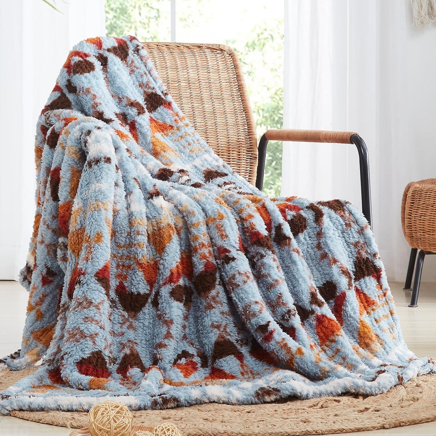 CASAAGUSTO Boho Sherpa Throw Blanket, Aztec Queen Blanket, Ultra Soft, Warm, Cozy, Plush, Thick Fleece Bohemian Throw Blanket for Couch, Bed, Sofa (Blue Grey 90 * 90 Inch)