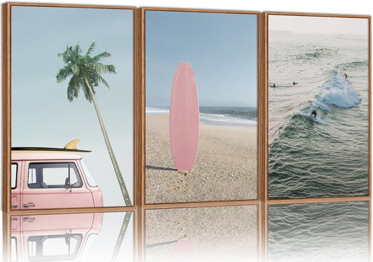 Tinonedraw Large Ocean Beach Framed Canvas Wall Art, Summer Coastal Surfboard Wall Decor, Palm Tree Pink Car Artwork, Modern Surfing Seascape Art Prints for Living Room Bedroom Office 16"x24"x3