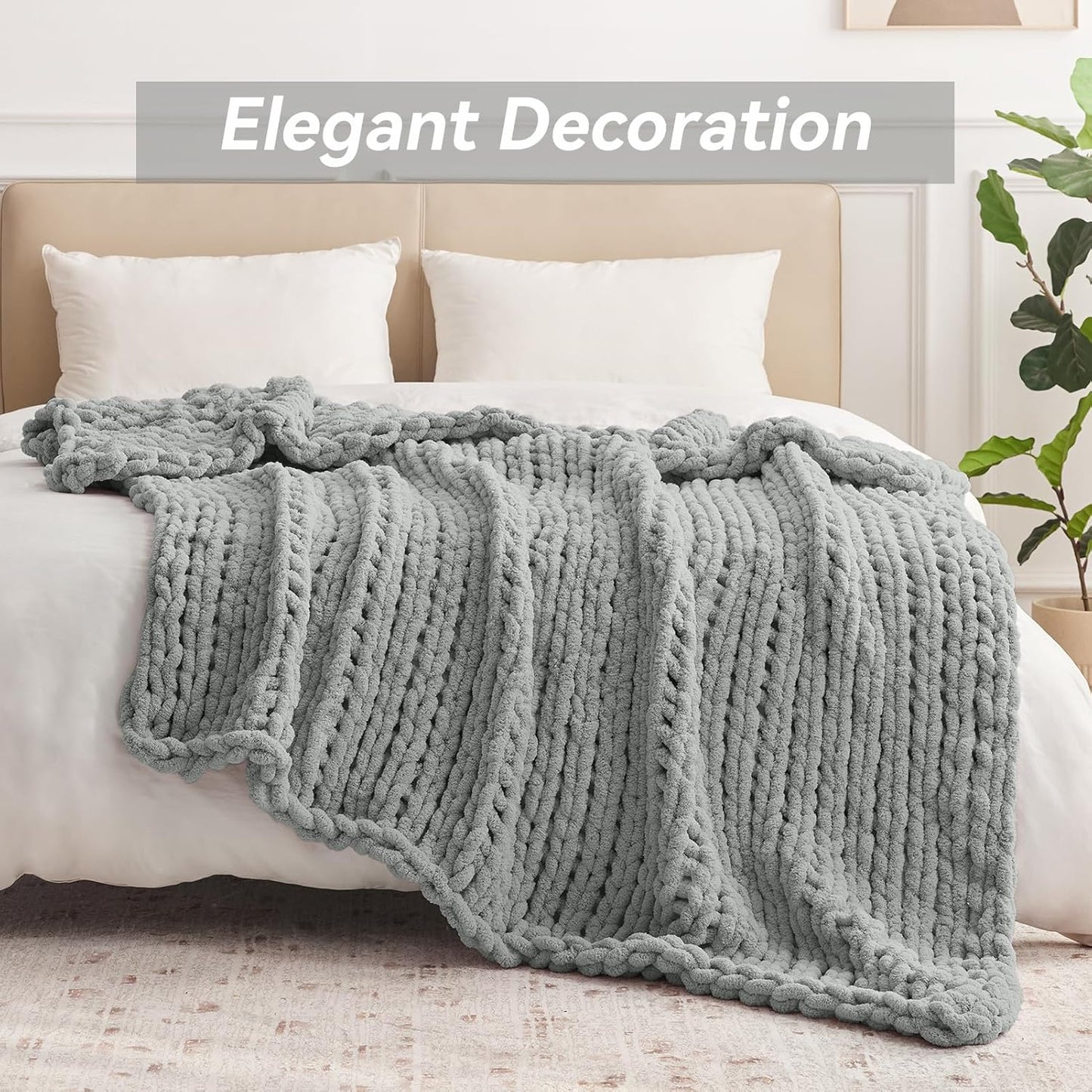 Chunky Knit Throw Blanket, 60''*80'' Knitted Throw Chenille Yarn for Bed Couch, Handmade Light Grey Crochet Big Thick Blanket, Machine Washable Cute Comfy Blanket for Home Decor