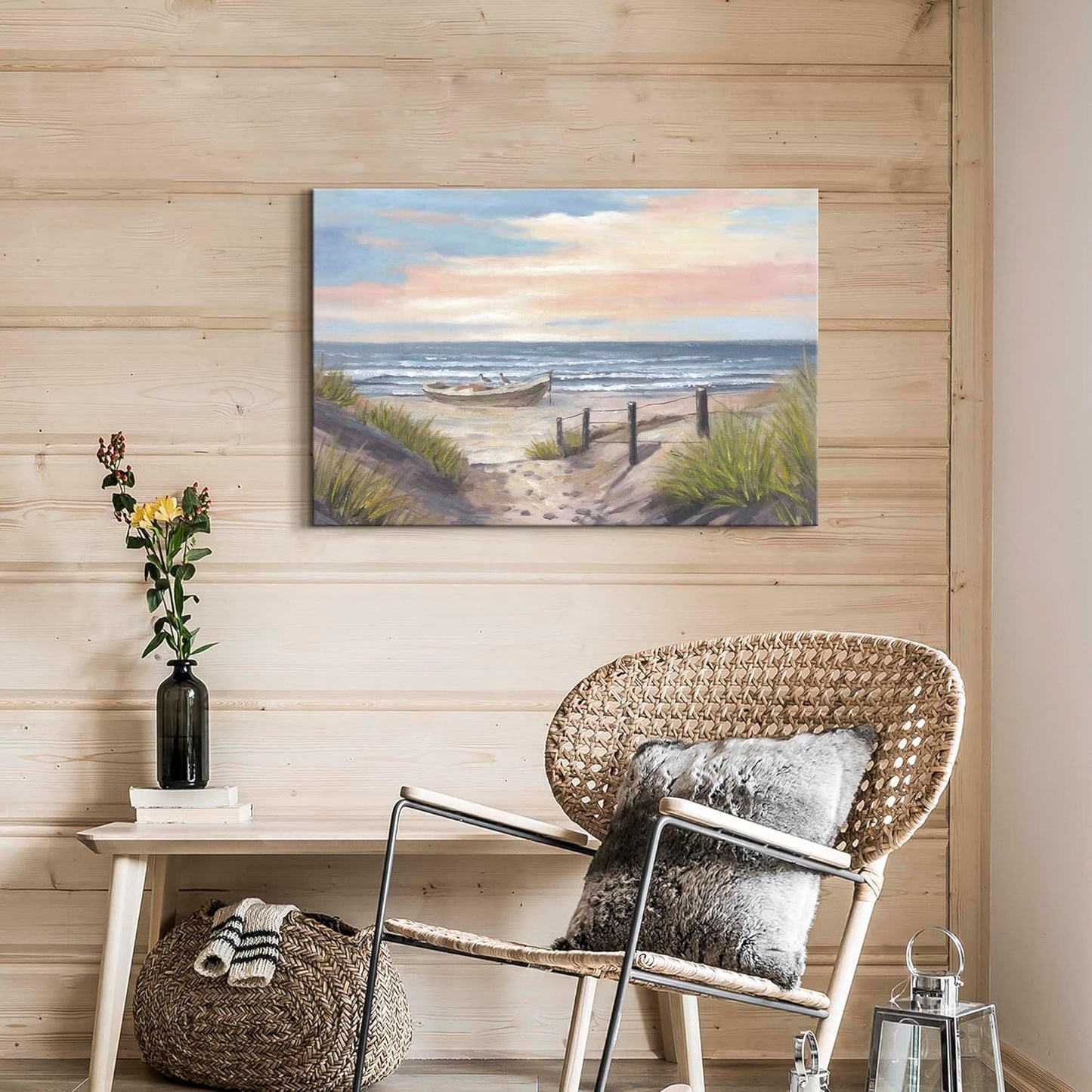 cozy country Ocean Wall Art 36"x24" - Coastal Pictures Beach Canvas Decor - Seashore Artwork Seascape Hand Painting for Bedroom, Sea House