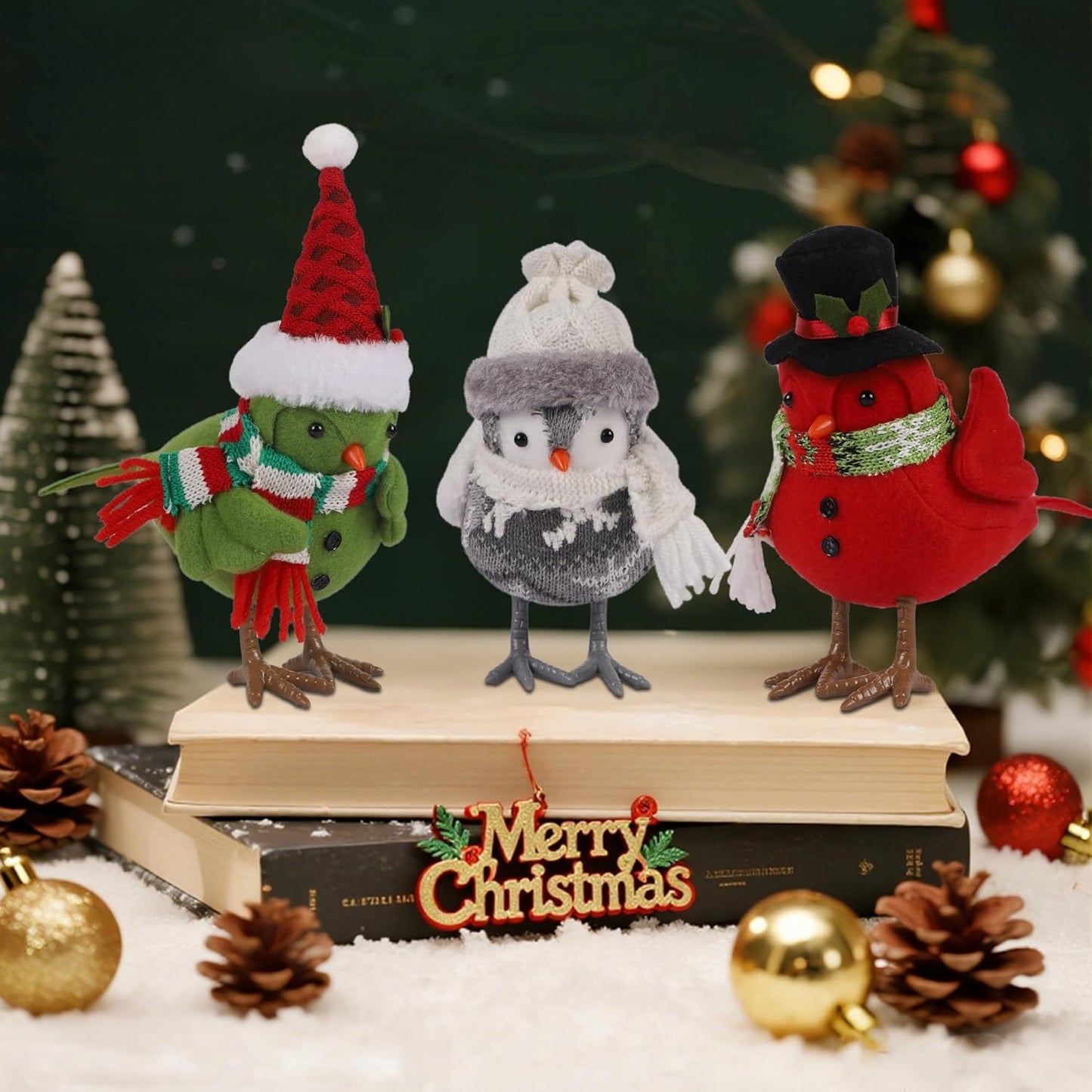 Prsildan Christmas Table Decorations Birds, Set of 3 Christmas Bird Figurine Table Top Decor, Green Red Gray Xmas Birds Ornaments for Winter Home Kitchen Fireplace Mantel Holiday Party