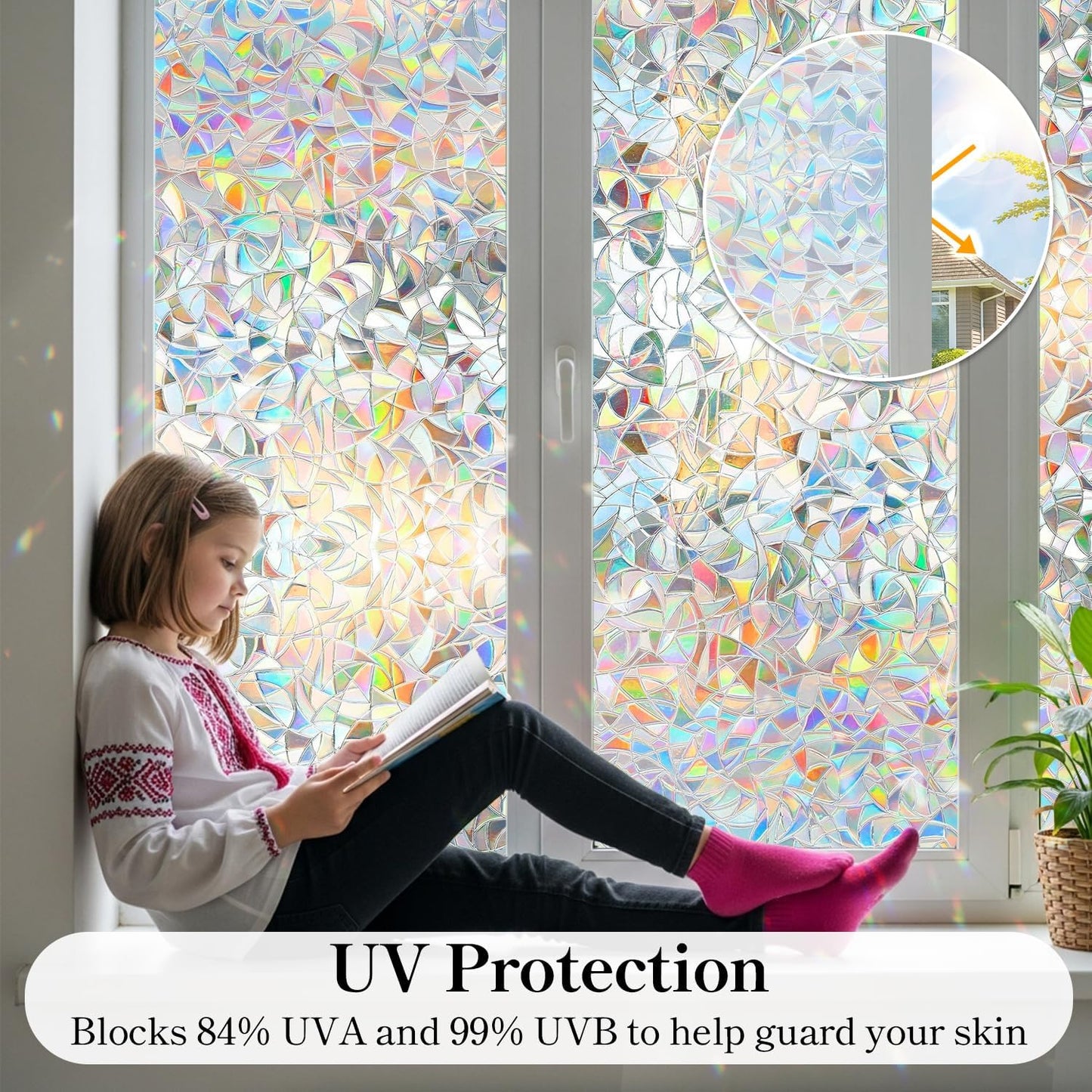 DUOFIRE Window Privacy Film, Rainbow Window Clings for Glass Windows, Stained Glass Film Decorative, 3D Decals Cover, Suncatcher Static Cling Sticker for Home, 11.8 x 78.7 inch