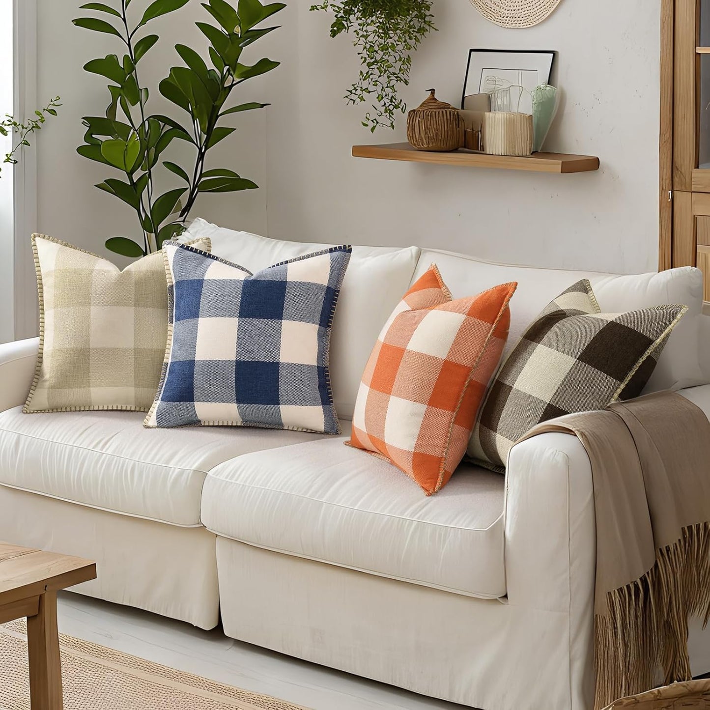 decorUhome Buffalo Plaid Check Throw Pillow Covers 18x18 Set of 2, Outdoor Decorative Farmhouse Neutral Pillow Covers with Stitched Edge for Bed Couch Sofa, Navy Blue and White