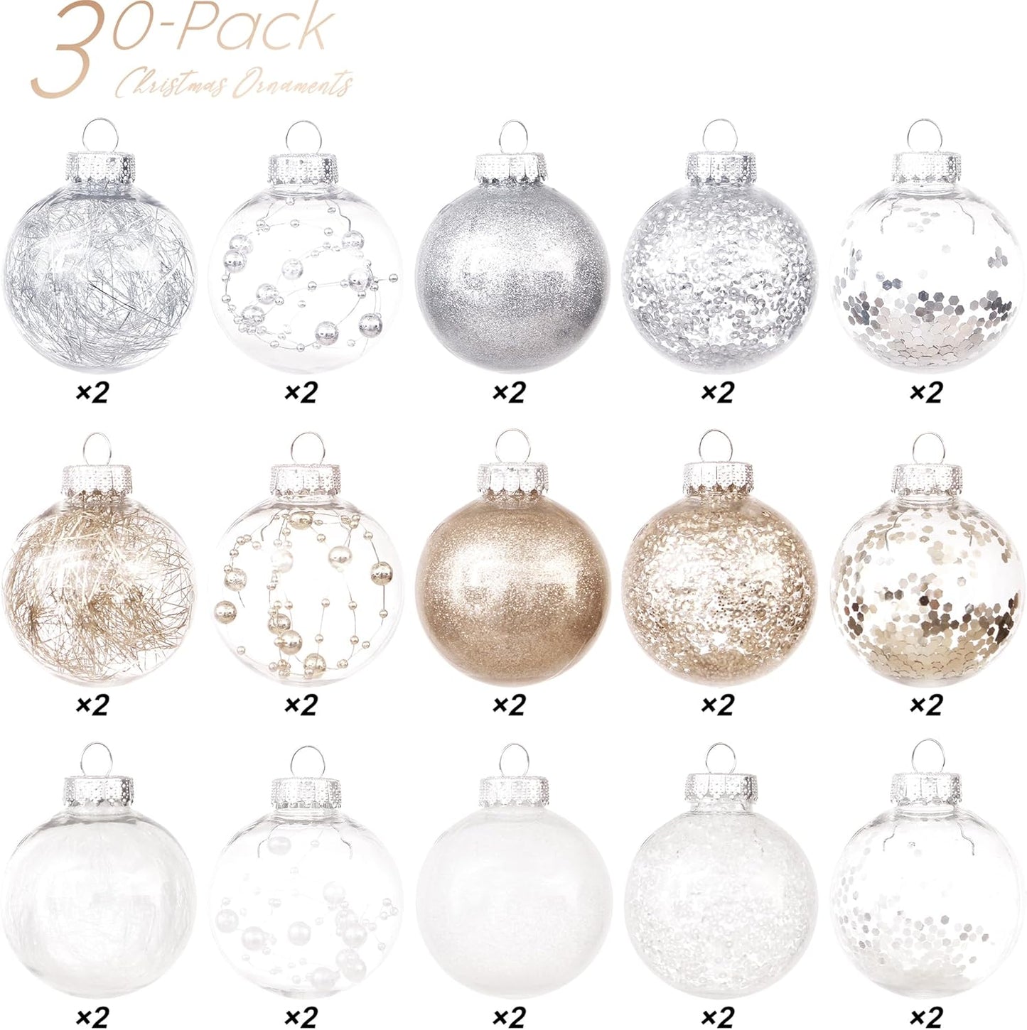 Sea Team 60mm/2.36" Shatterproof Clear Plastic Christmas Tree Ball Ornaments Set, Decorative Hanging Transparent Xmas Baubles with Stuffed Delicate Decorations (30 Counts, Champagne, Silver, White)