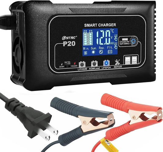 20Amp Smart Lithium Battery Charger, 12V and 24V, Lifepo4, Lead-Acid (AGM/Gel/SLA.) Car Battery Charger, Maintainer Cycle Charger Trickle Charger Battery Desulfator for Boat, Motorcycle
