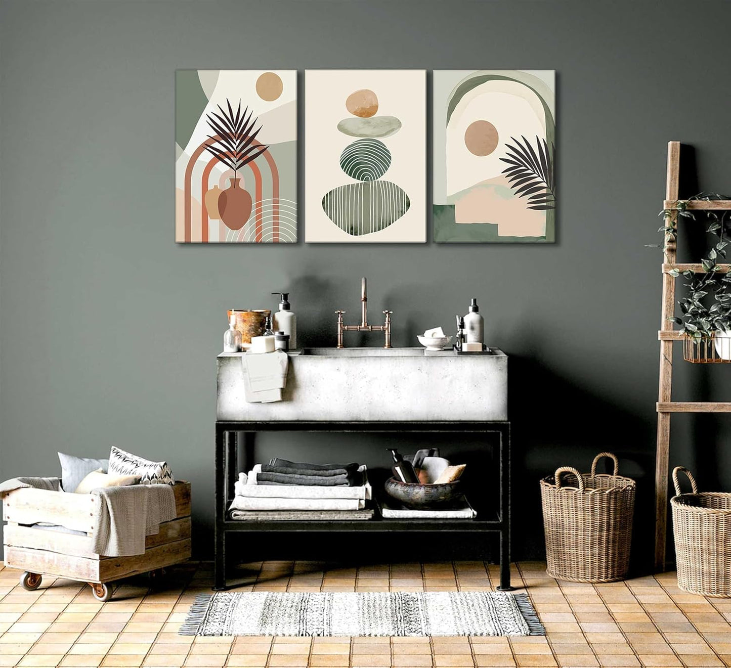 3 Pcs Mid Century Modern Boho Abstract Canvas Wall Art Neutral Green Bohemia Sun and Plant Pictures Wall Decor Posters Print Artwork for Living Room Bedroom Bathroom Office Home Decoration