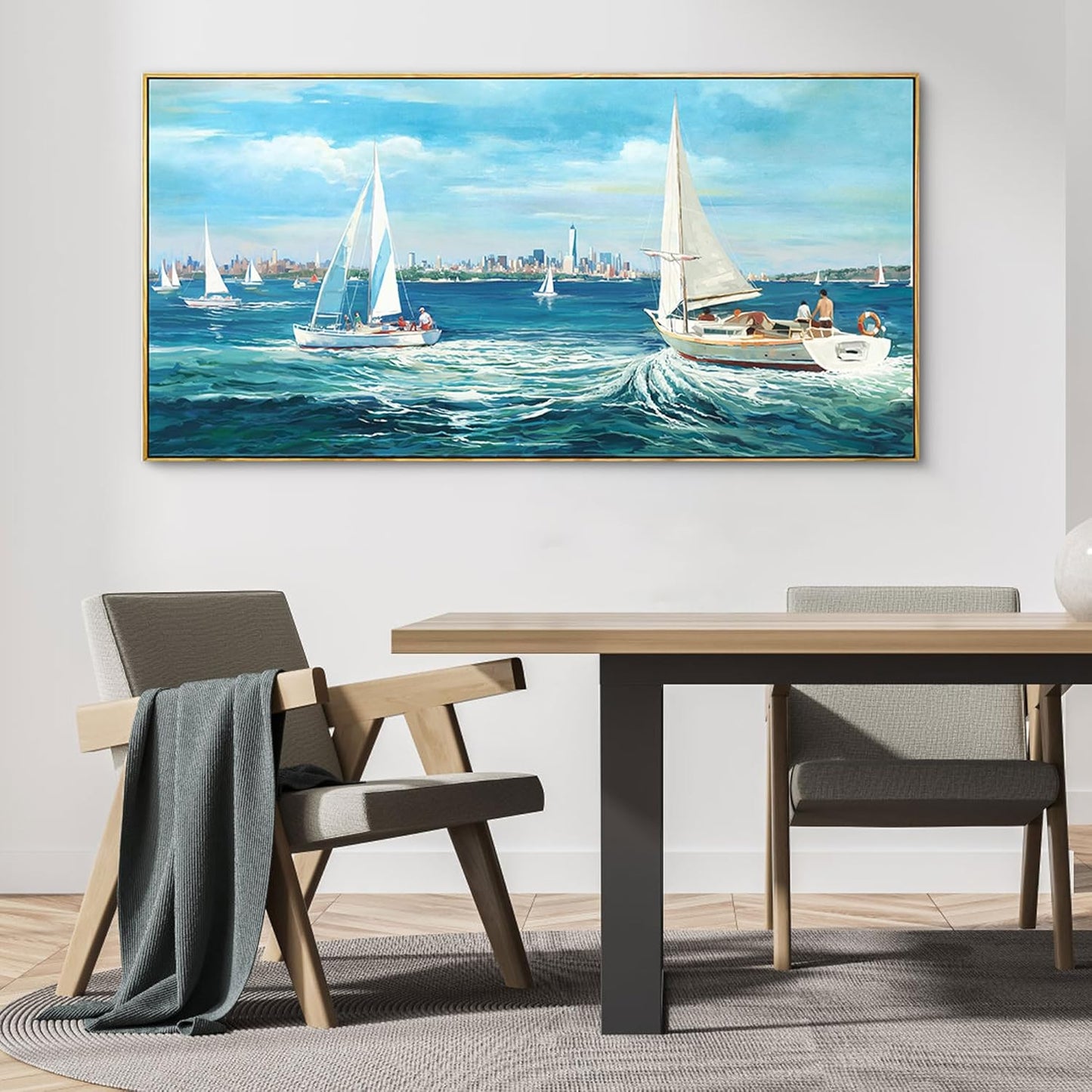XLSJERST Large Blue Canvas Wall Art Seascape Painting - Landscape Picture Textured Navy Modern Sailboat Ocean Artwork Framed for Living Room Bedroom Bathroom Home Office Wall Decor Large Size 24"x48"