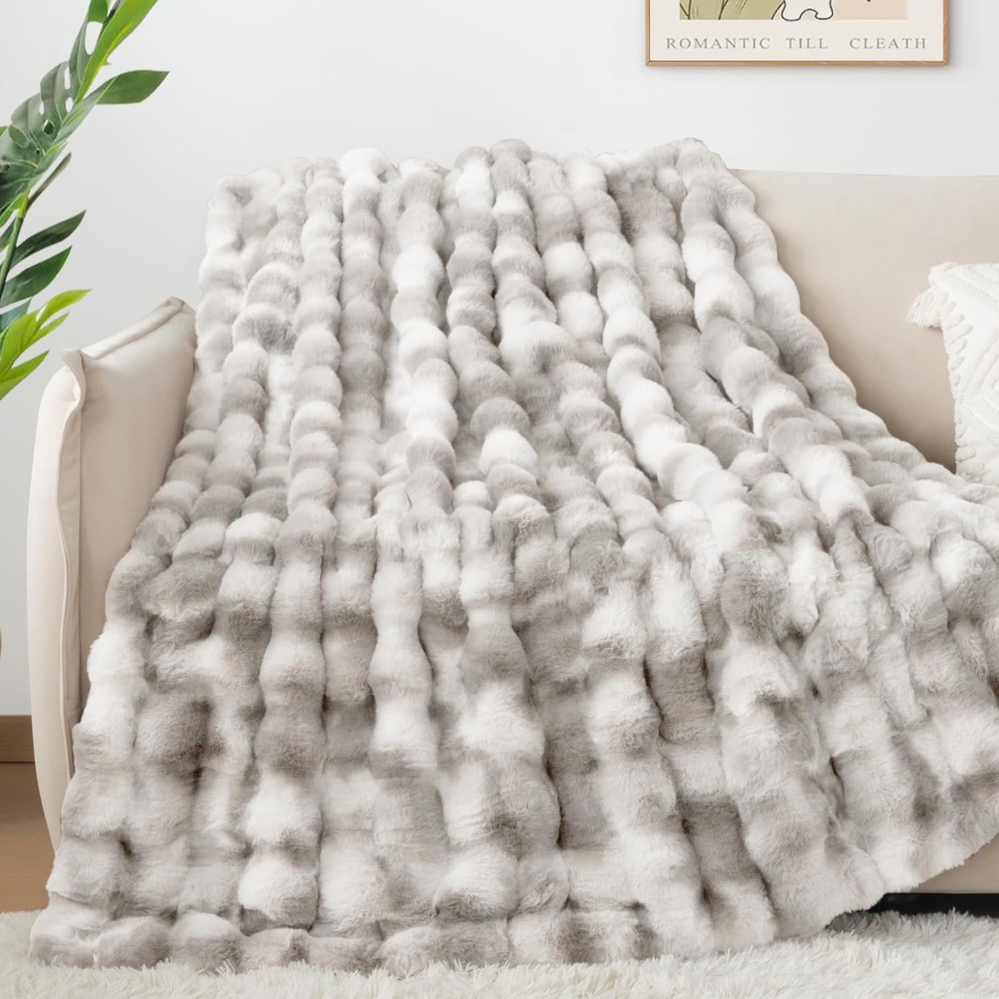 Touchat Luxury 1000GSM Faux Rabbit Fur Throw Blanket, Super Heavy Warm Cozy Grey Blankets for Couch Bed Sofa, Ruched Plush Fuzzy Elegant Soft Reversible Mink Blanket for Living Room Bedroom