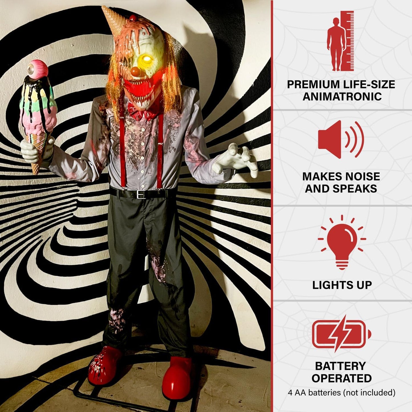 Haunted Hill Farm 6.5-Ft Animatronic I Scream Clown by Tekky, Halloween Animatronic, Creepy Party Decor, Indoor & Covered Outdoor Spooky Party Decoration Motion-Activated Lights & Sound, LifeSize
