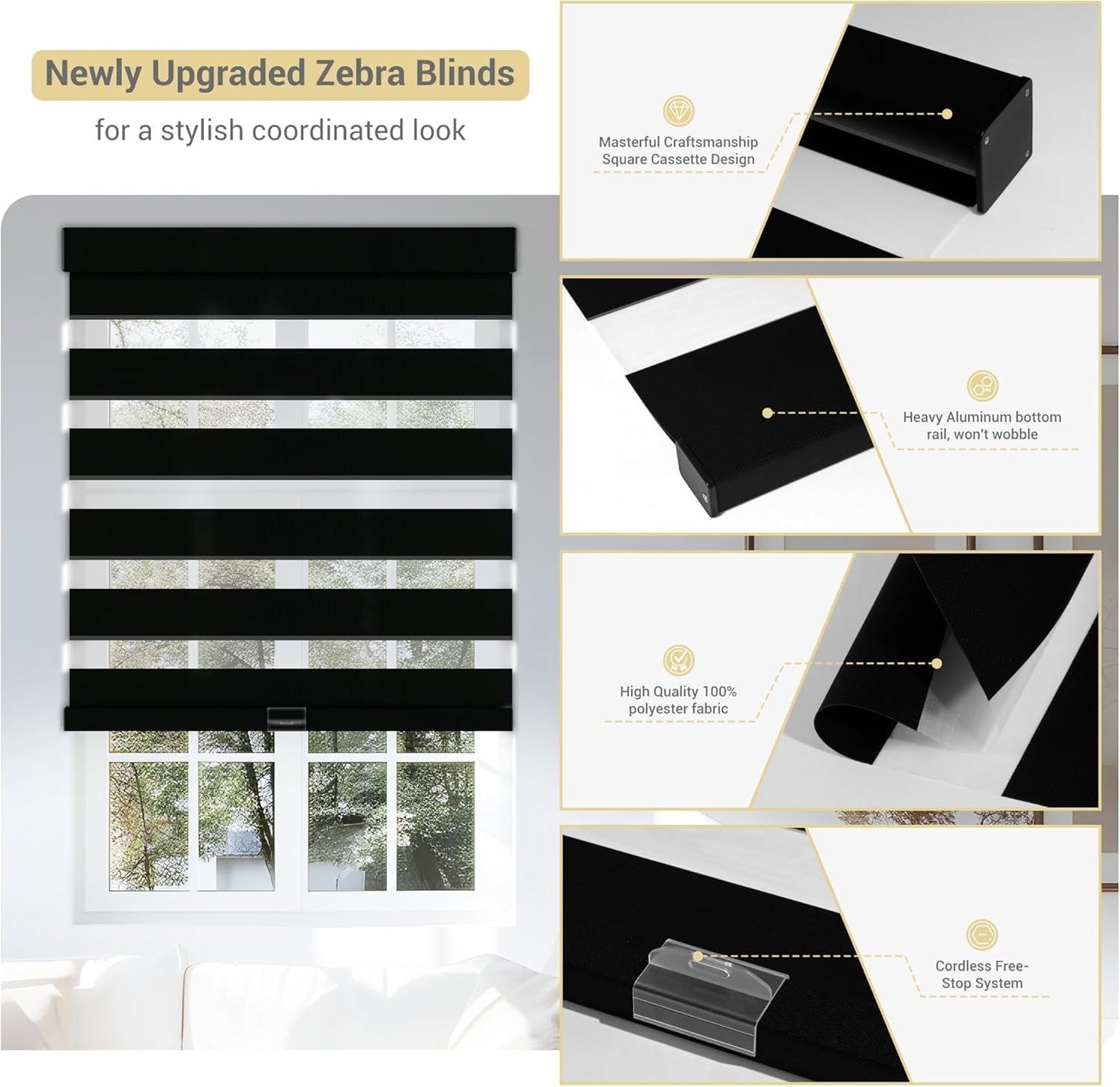 Cordless Zebra Blinds for Windows, Blackout Interior Blinds,Easy to Install,UV Protection,for Offices and Home,Custom Roller Shades, Solid Black, 15" W x 64" H