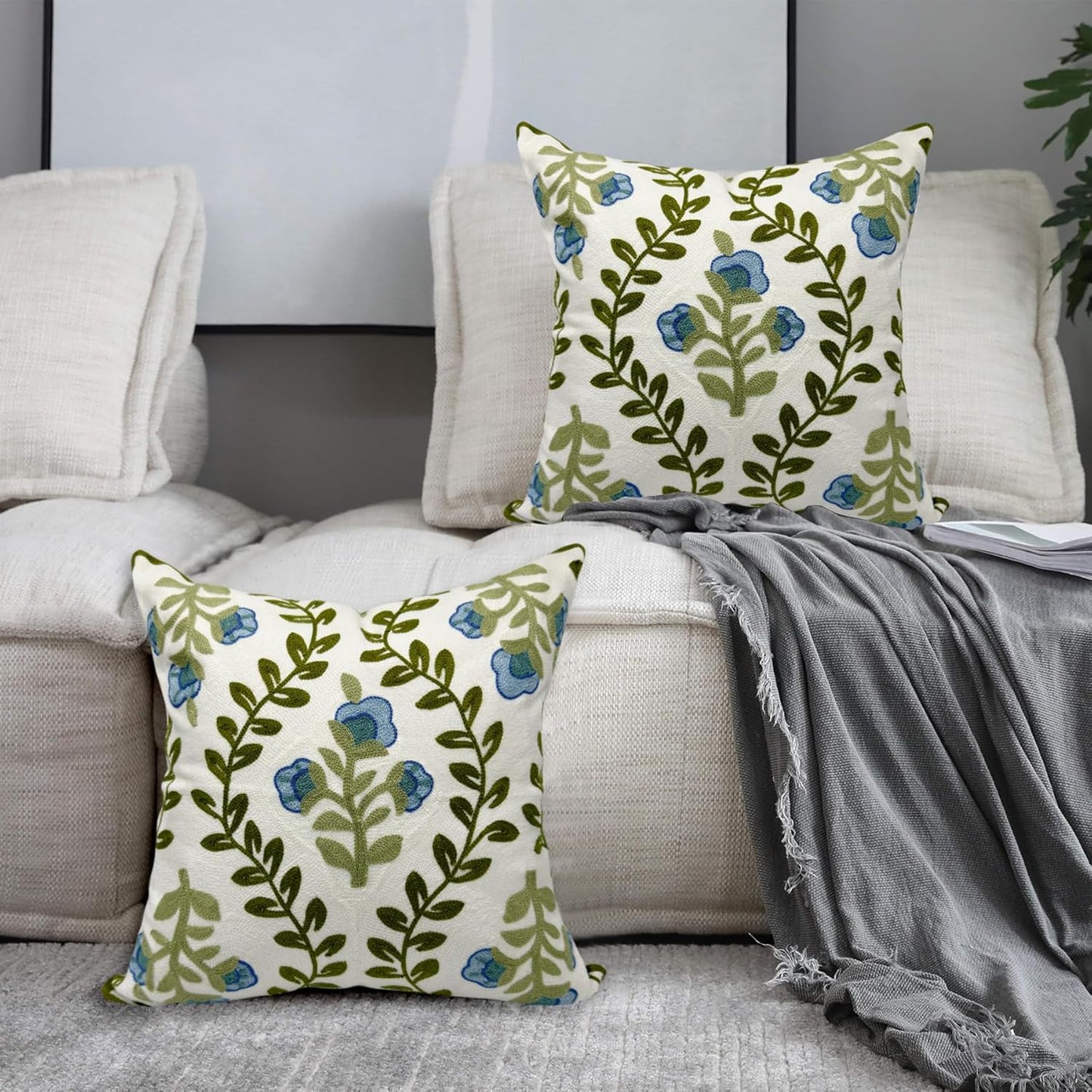 Alysheer Floral Embroidered Summer Decorative Throw Pillow Covers 20"x 20" Set of 2, Farmhouse Cottage Blue Flowers Green Leaves Knit Pattern Cotton Canvas Cushion Case for Couch Bed Living Room