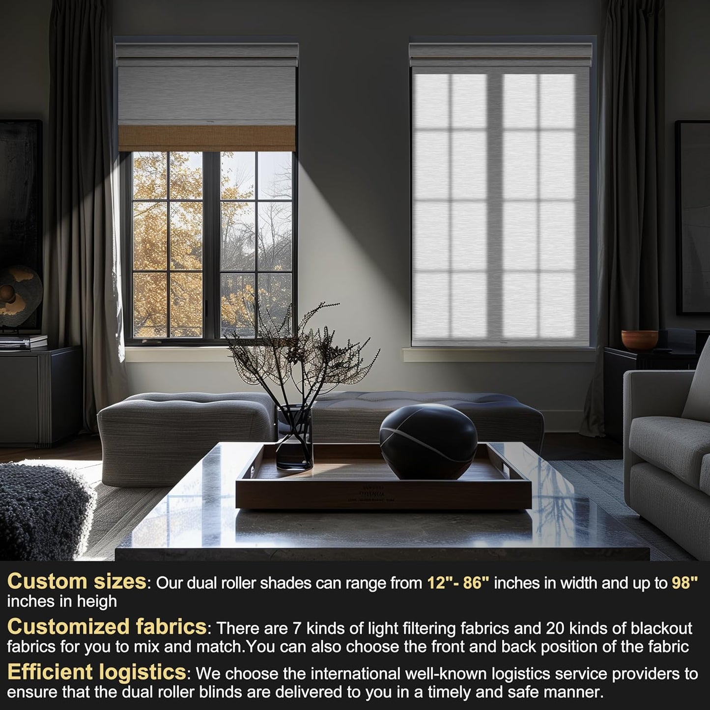 BERISSA Cordless Dual Roller Shades with Cassette Valance,Double Window Shades Blackout and Light Filtering Shades,Day and Night Roller Shades for Home Office Door.Linen Beige and White.63 W x 86" H