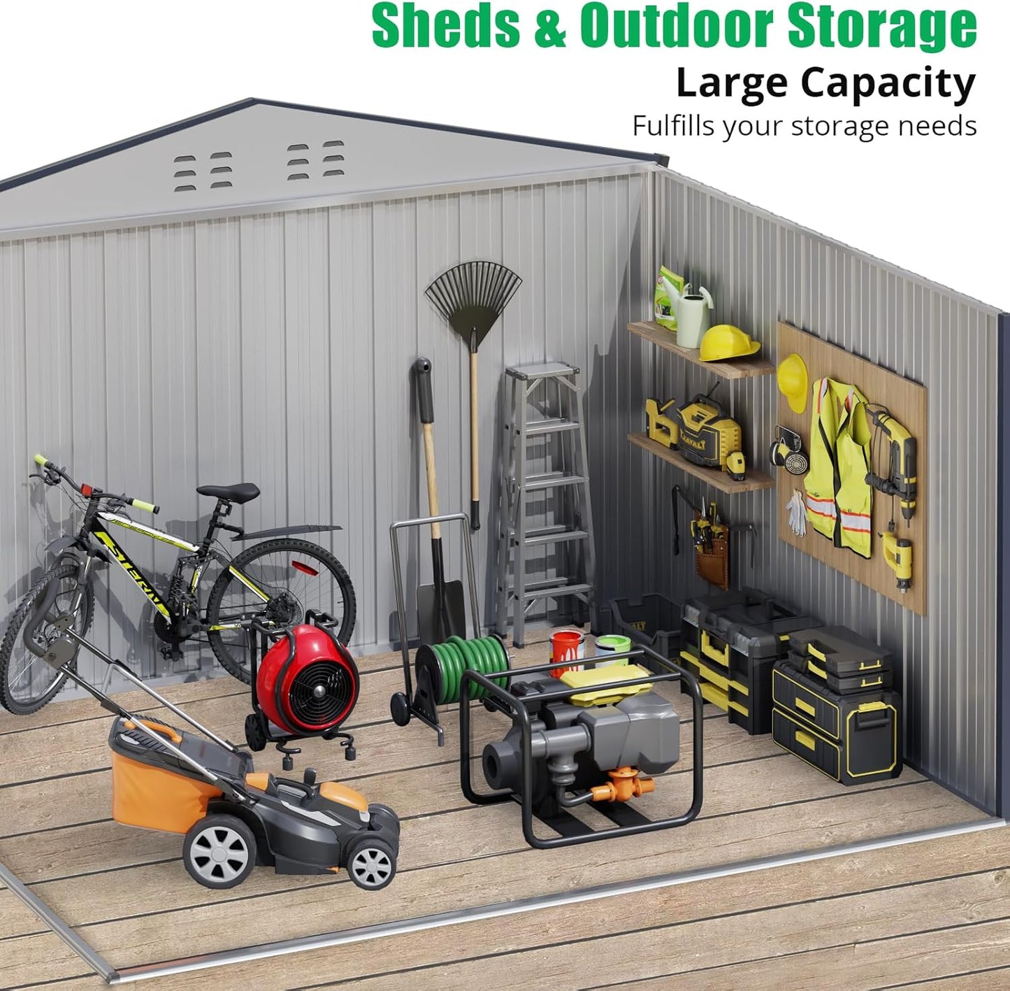 10x10 Ft Outdoor Storage Shed, Steel Utility Tool Shed with Sloped Roof & Lockable Door, Backyard Garden Patio Lawn Outdoor Shed for Organising Tools and Equipment in Yard, Garden, Grey