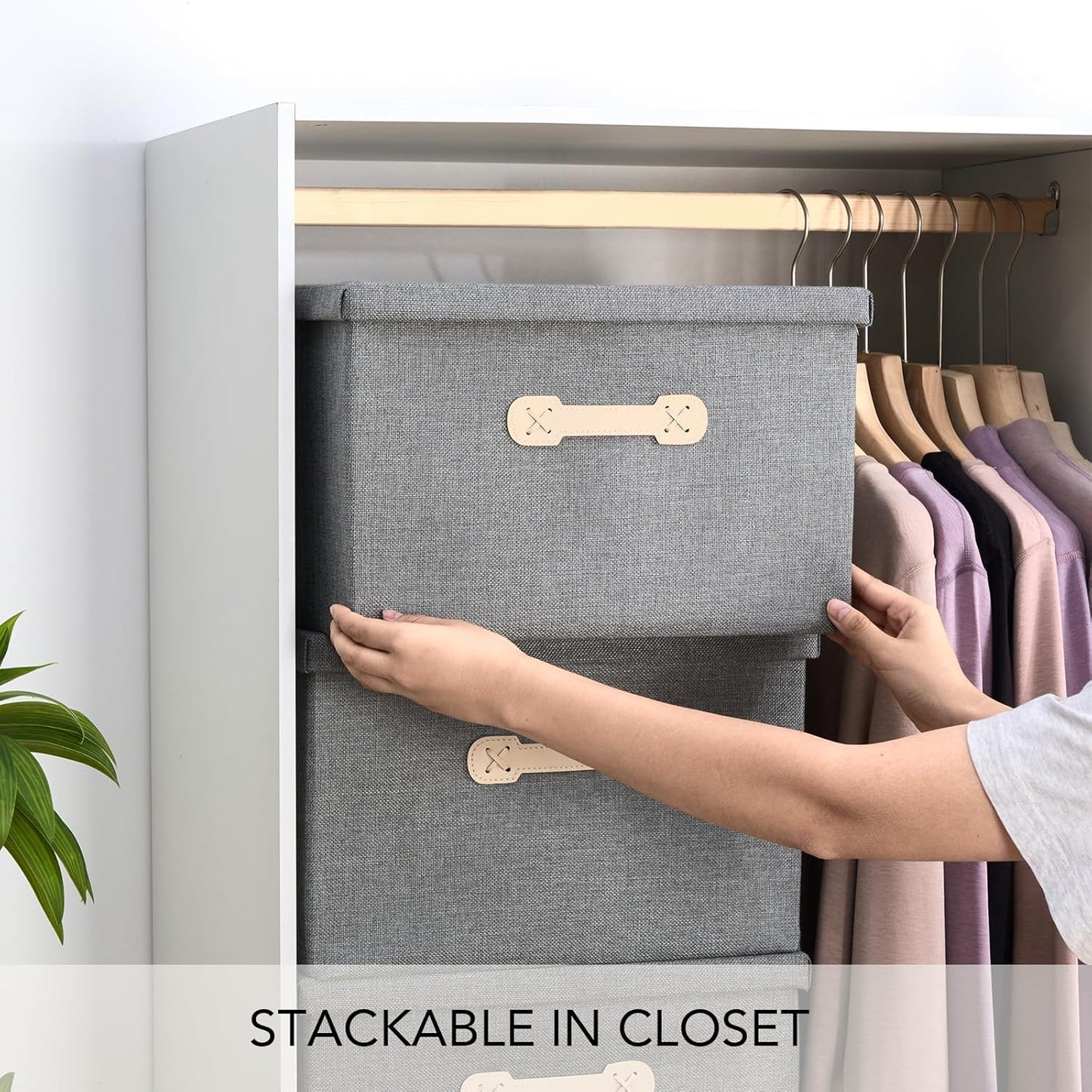 Enzk&Unity Decorative Storage Boxes with Lids, 3 Pack Grey Fabric Storage Bins with Handle, Foldbale and Stackable Storage Boxes for Shelf, Closet, Bedroom, Living Room