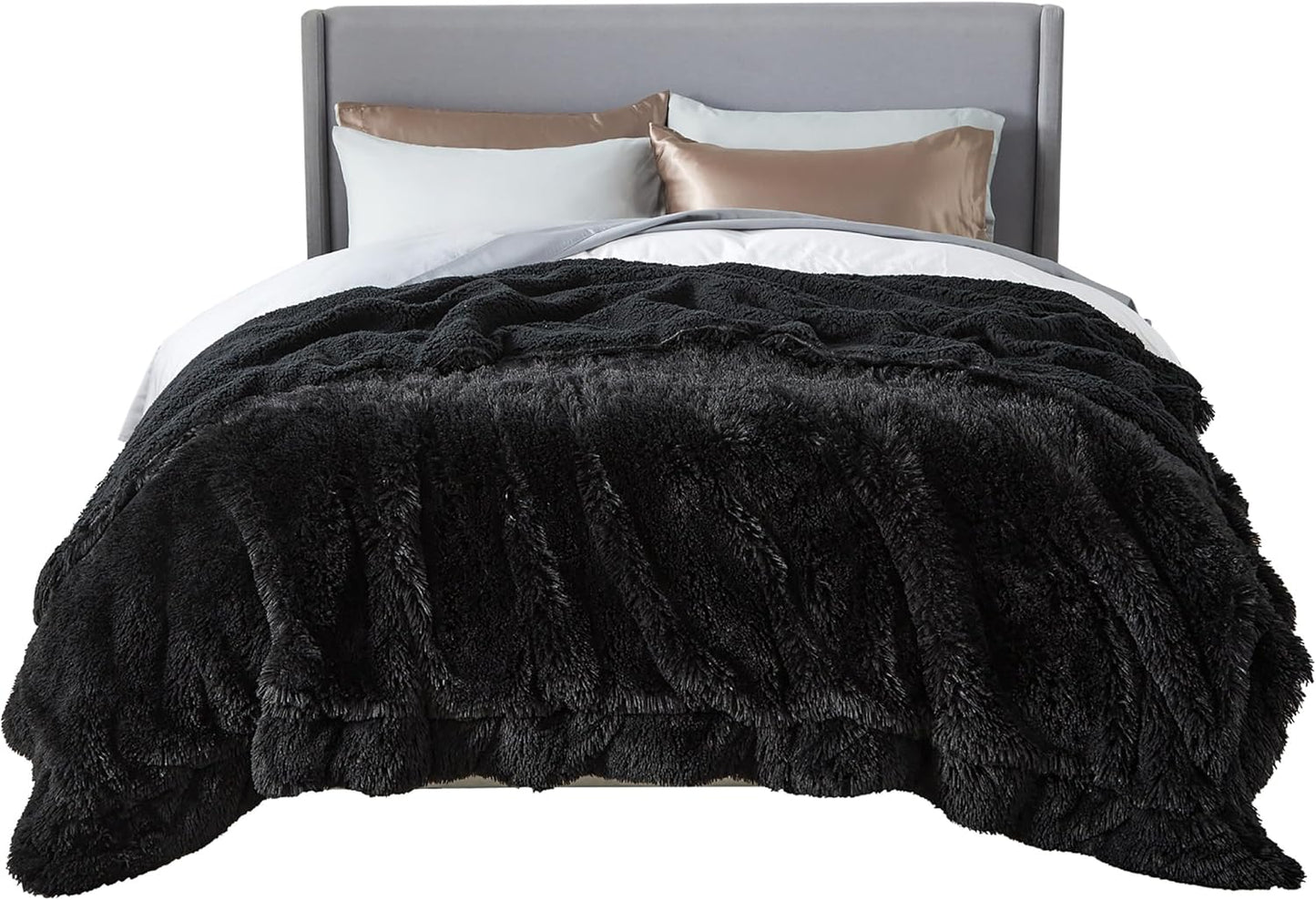 Bedsure GentleSoft Fluffy Black Blankets Queen Size for Bed, Thick Sherpa Faux Fur Fleece Fuzzy Plush Winter Warm Soft Full Queen Blankets, Bedroom Decor Black Gifts Cozy Gifts for Women Men, 90x90