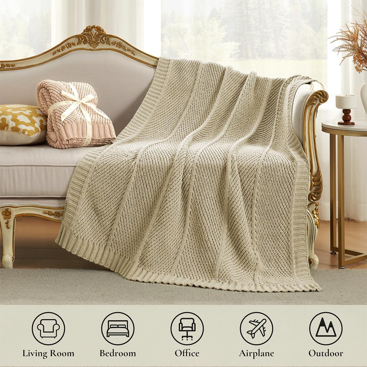 Amélie Home Chenille Knit Throw Blanket for Couch, Chevron Texture Decorative Soft Blanket for Sofa, Bed & Chair, 50"x60", Beige