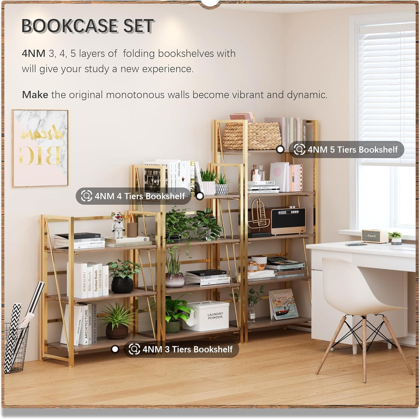 4NM No Assembly Foldable Bookshelf, 5-Shelf Collapsible Bookcase Storage for Small Spaces, 62.2" H, Brown and Golden