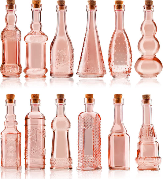 Small MIni Reddish Vintage Glass Bottles with Corks, MIni Vases, Decorative, Potion, Assorted Design Set of 12 pcs, 4.6 Inch Tall (11.43cm), 1.4 Inch Wide (3.56cm)