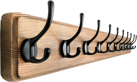 Dseap Wall Mounted Coat Rack: 38-1/4" Long, Patented, Heavy-Duty, 10-Double-Hooks Wooden Hanger Rail for Winter Coats, Hat, Jacket, Clothing - Natural & Black