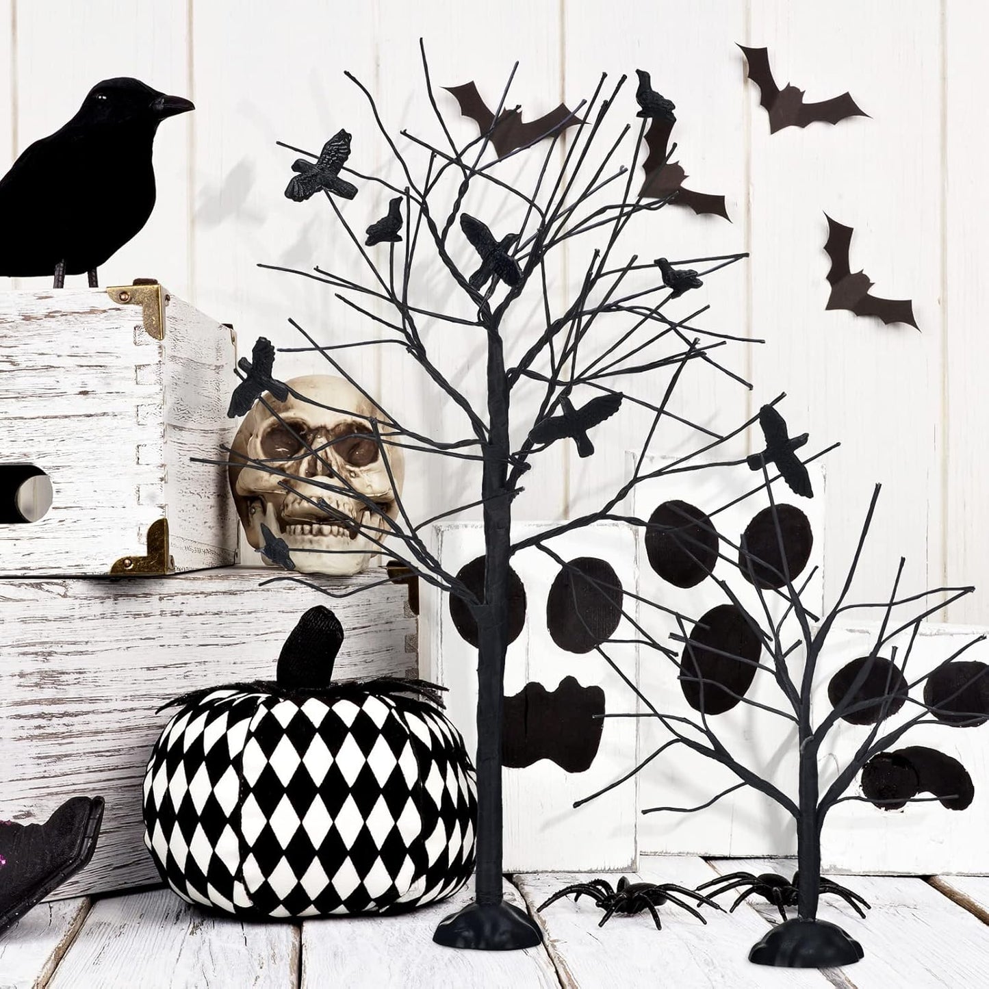 Amyhill 2 Pcs Halloween Village Trees With Black Crows - Artificial Bare Branch Tree Figurine Set for Home Decor and Village Accessories