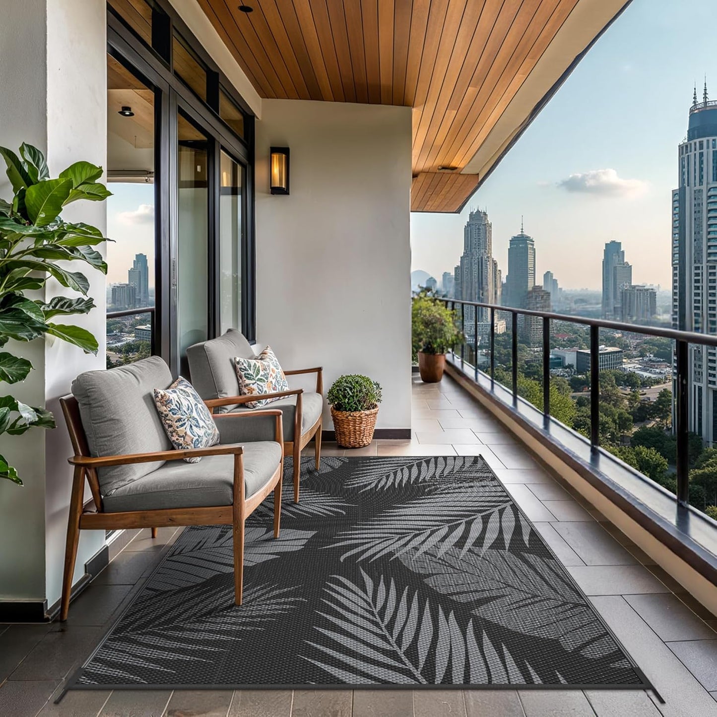 GENIMO Outdoor Rug 5' x 8' Waterproof for Patios Clearance, Reversible Outdoor Plastic Straw Camping Rug Carpet, Large Area Rugs Mats for RV, Picnic, Backyard, Deck, Balcony, Porch, Beach, Black&Grey